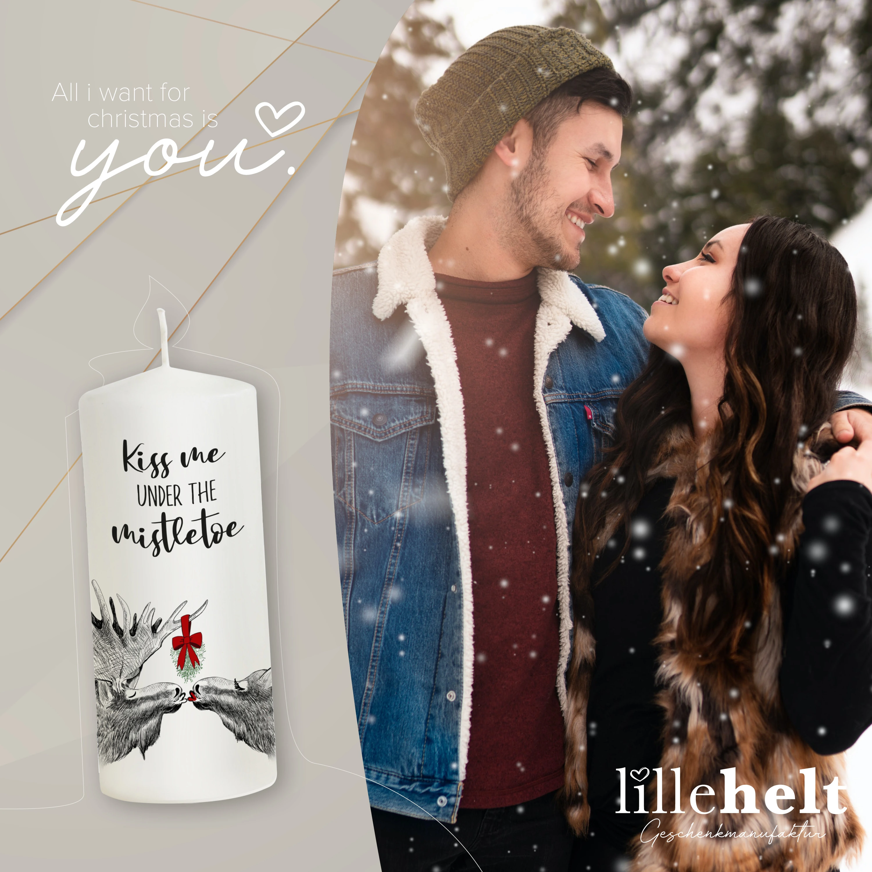 Weihnachtskerze Elche - Kiss me under the mistletoe