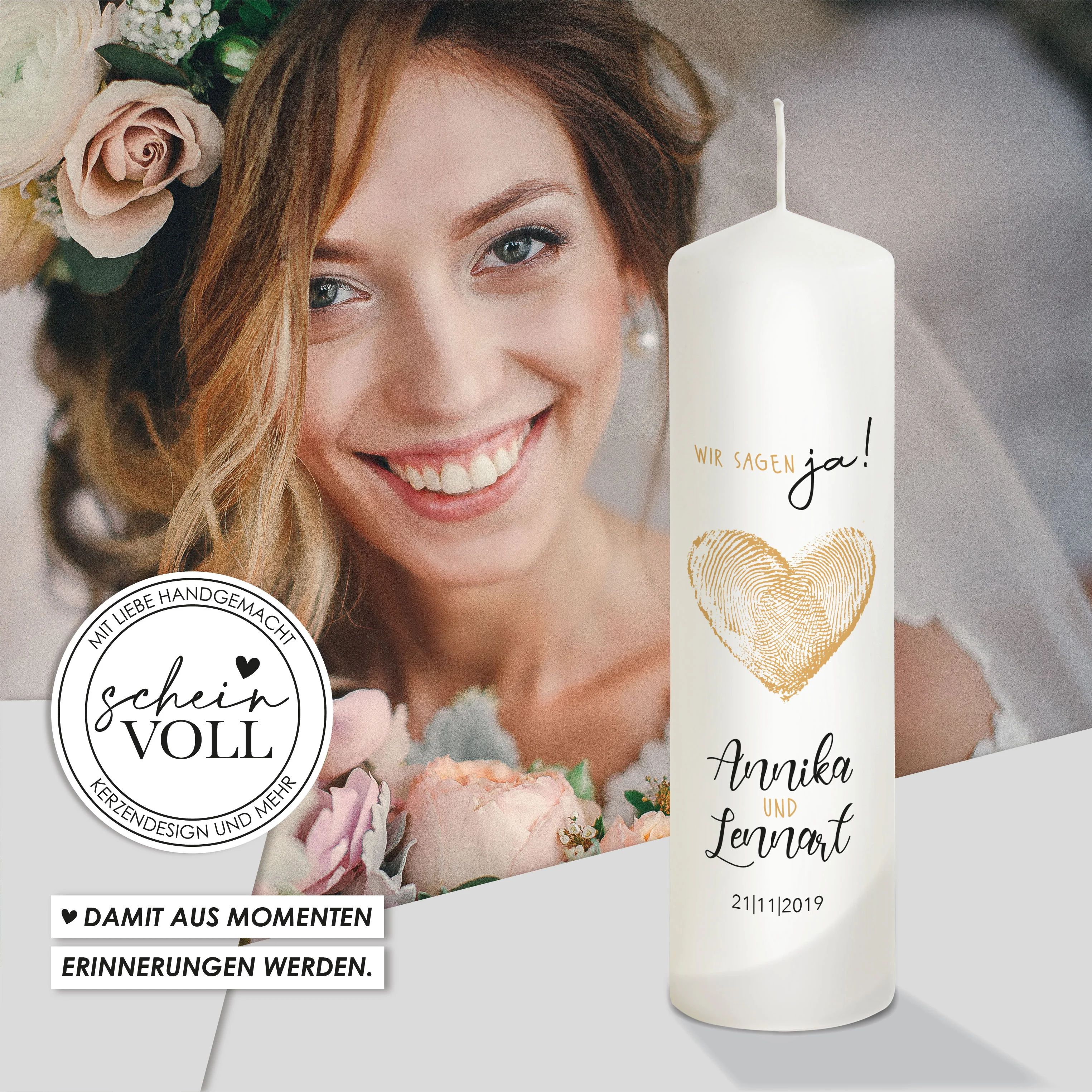 Hochzeitskerze Herz Gold  "Modell Fingerprint"