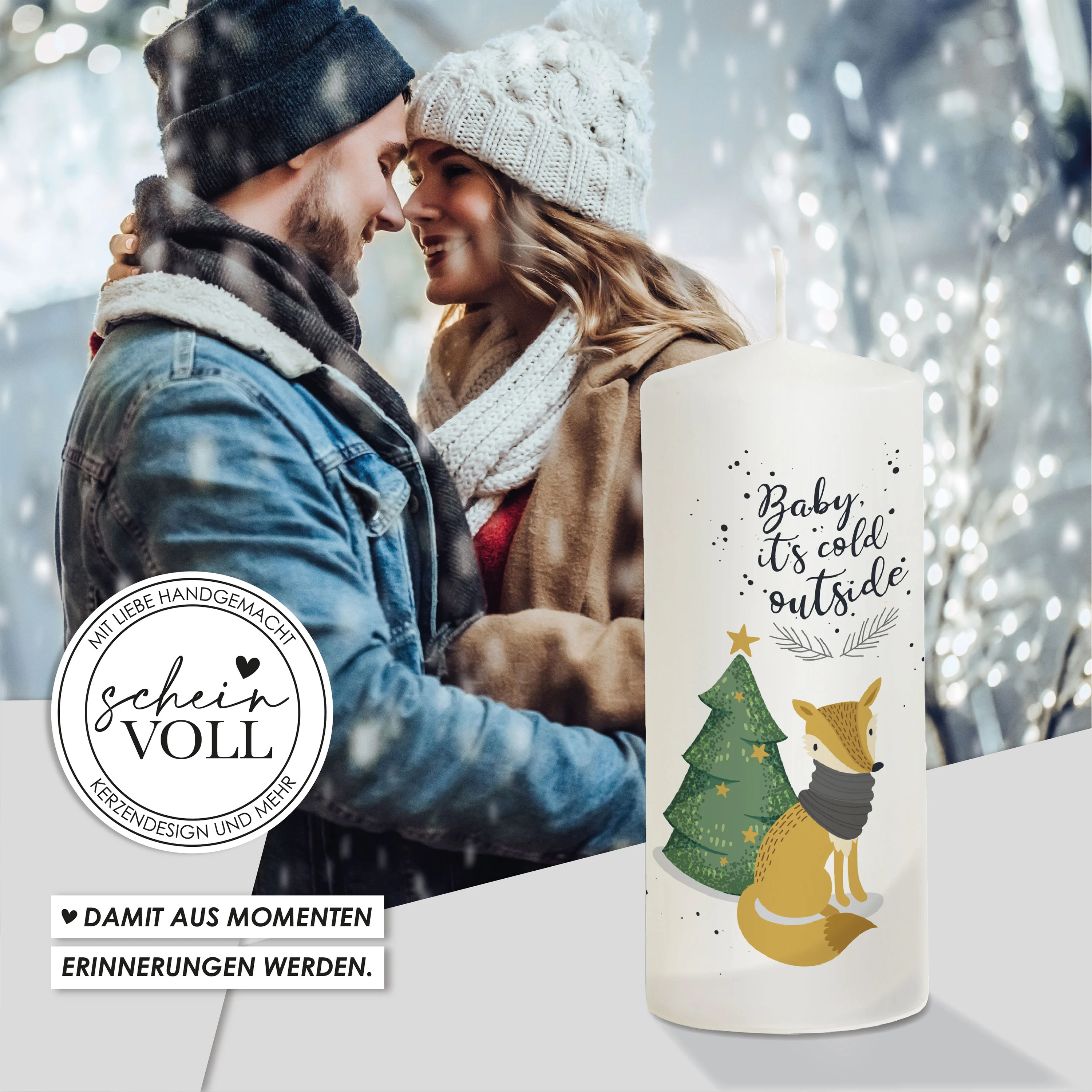 Weihnachtskerze Fuchs - personalisierbar - "Modell Cold outside"