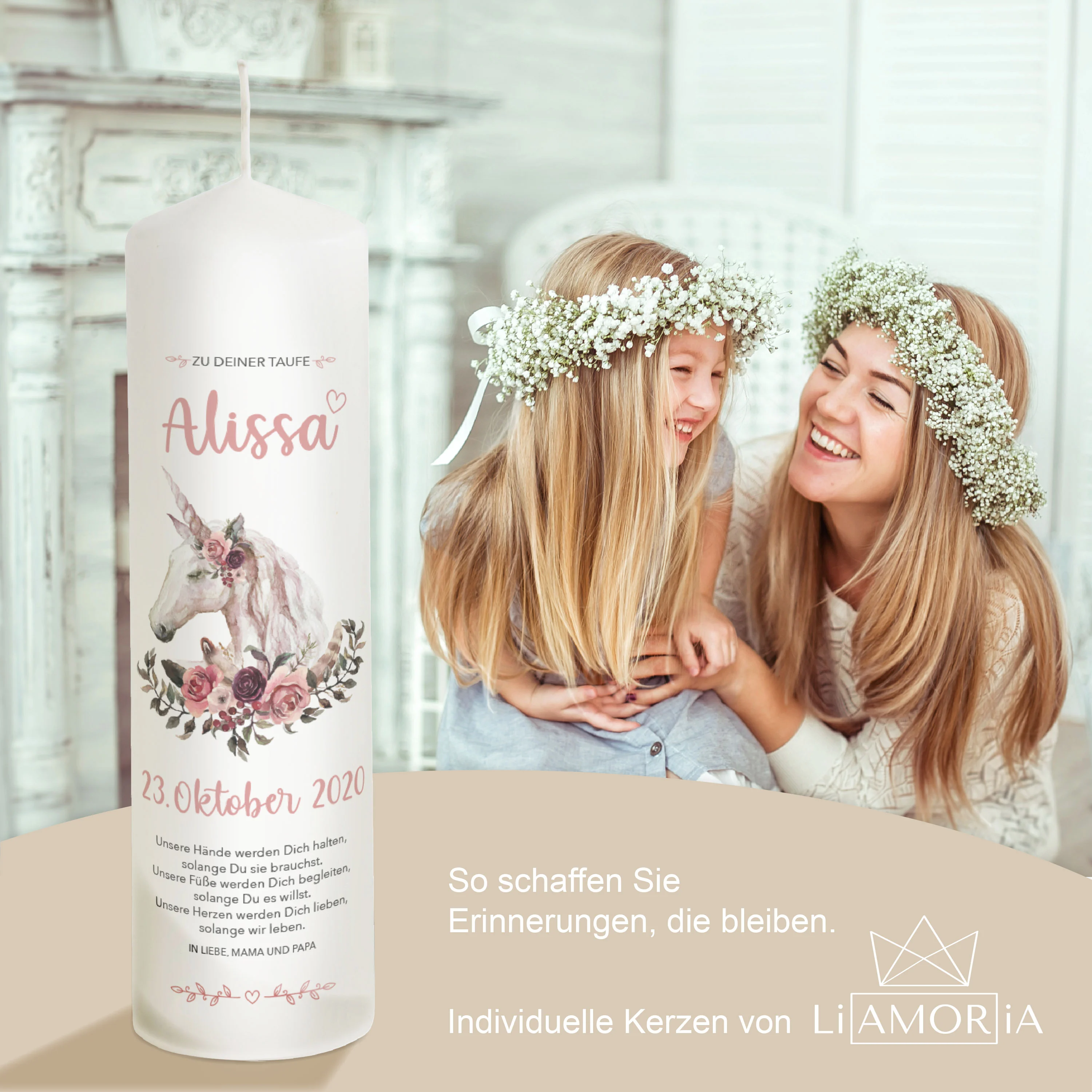 Taufkerze Einhorn rosa "Modell Alissa"