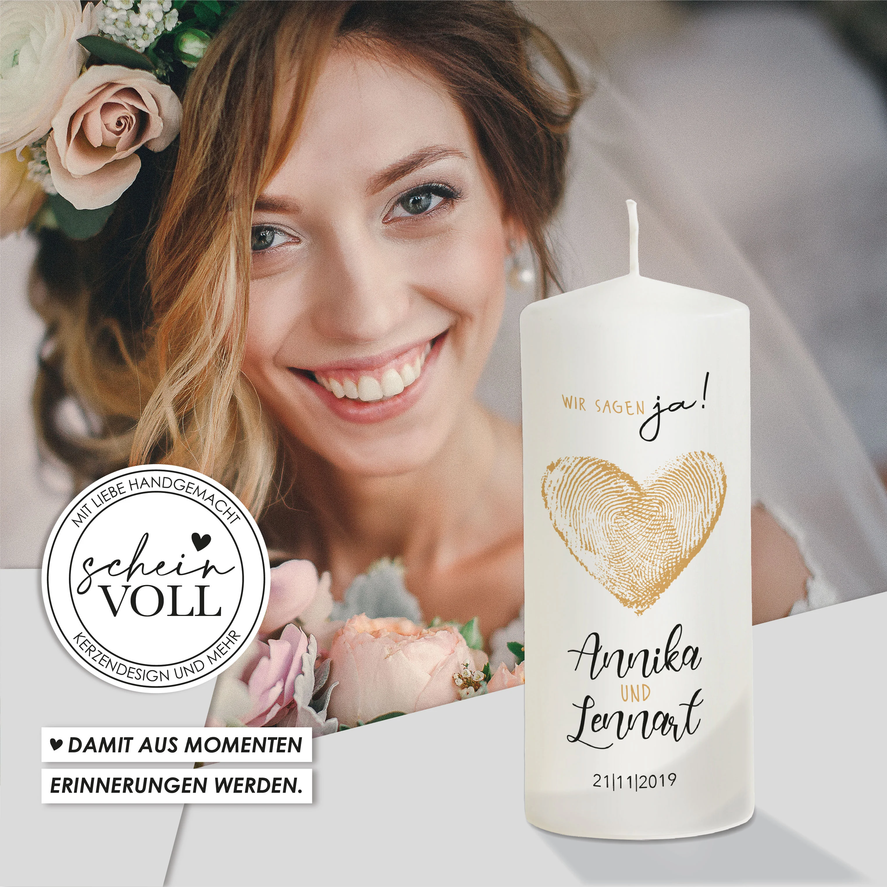 Hochzeitskerze Herz Gold  "Modell Fingerprint"