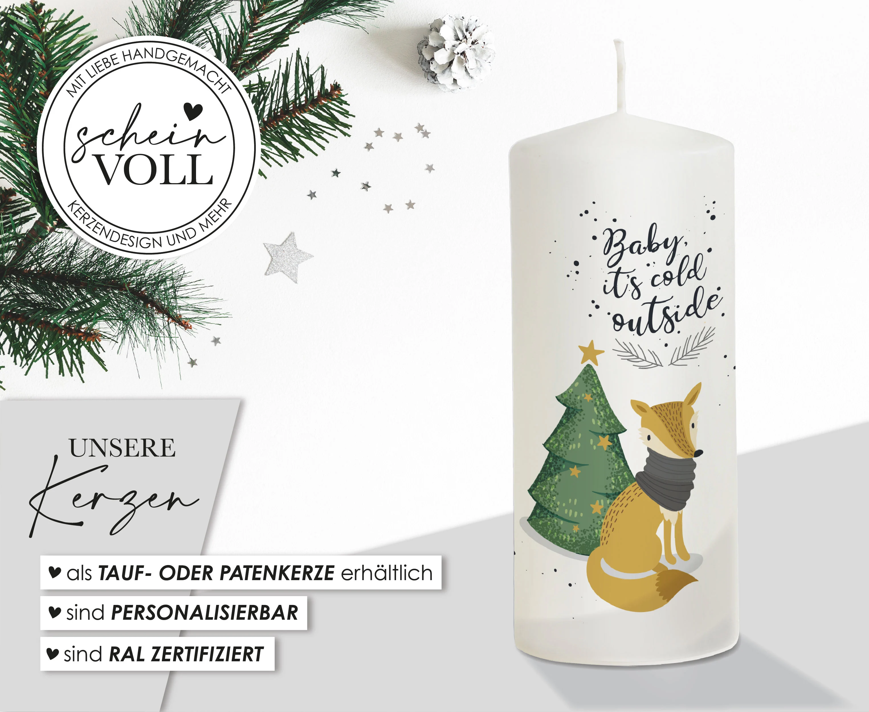 Weihnachtskerze Fuchs - personalisierbar - "Modell Cold outside"