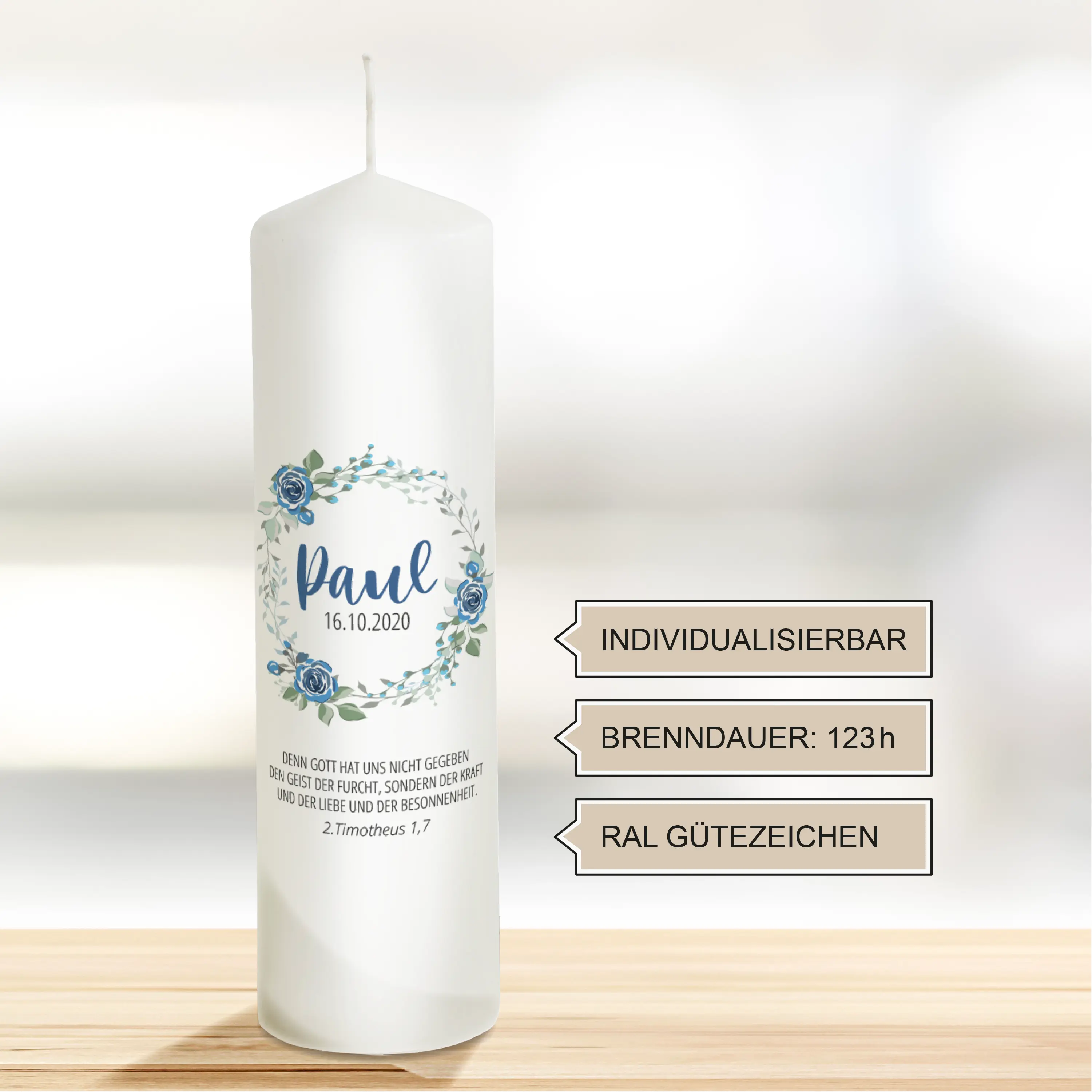 Taufkerze blau Rosen "Modell Paul"