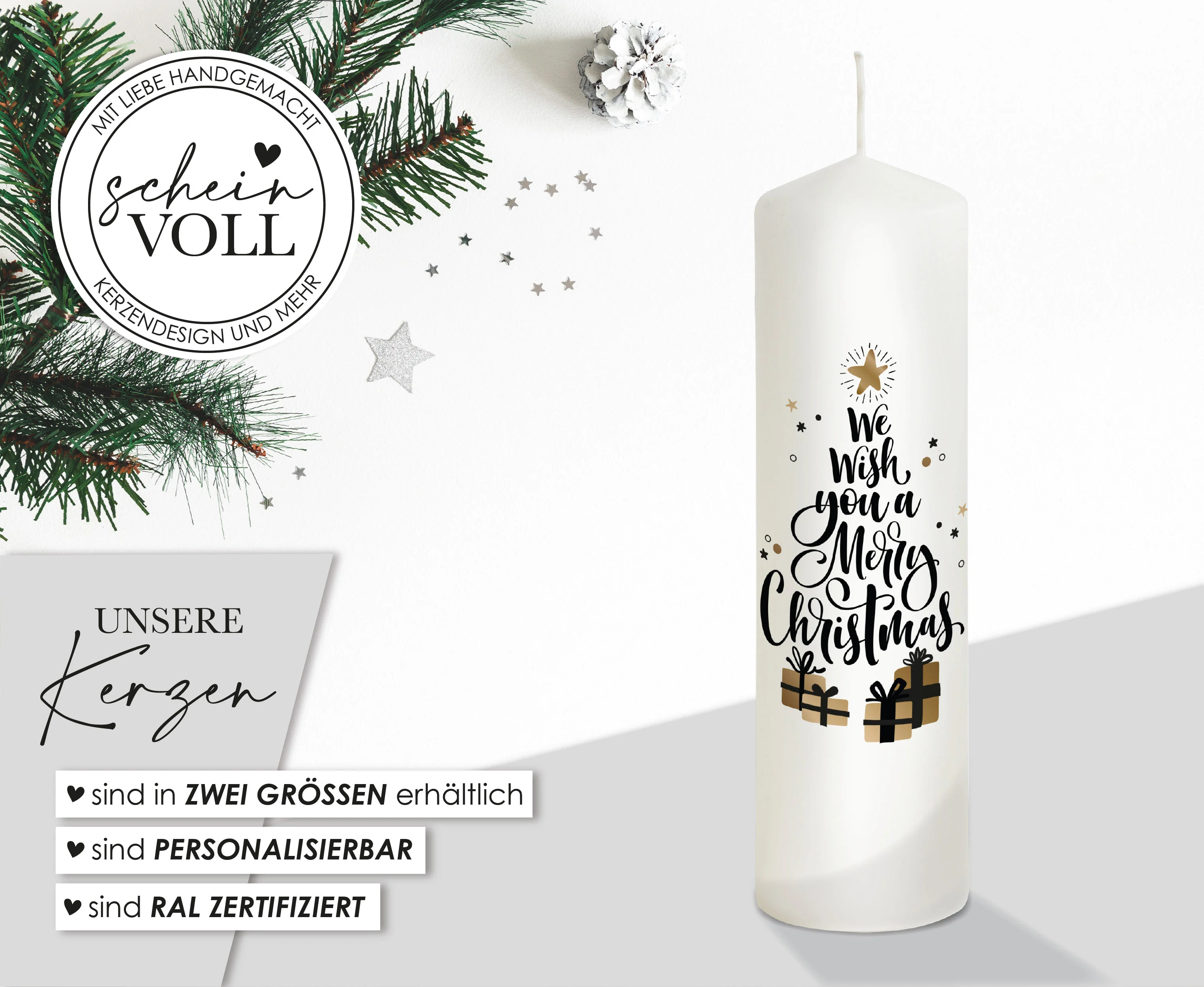 Weihnachtskerze Geschenke - personalisierbar - "Modell We wish you"