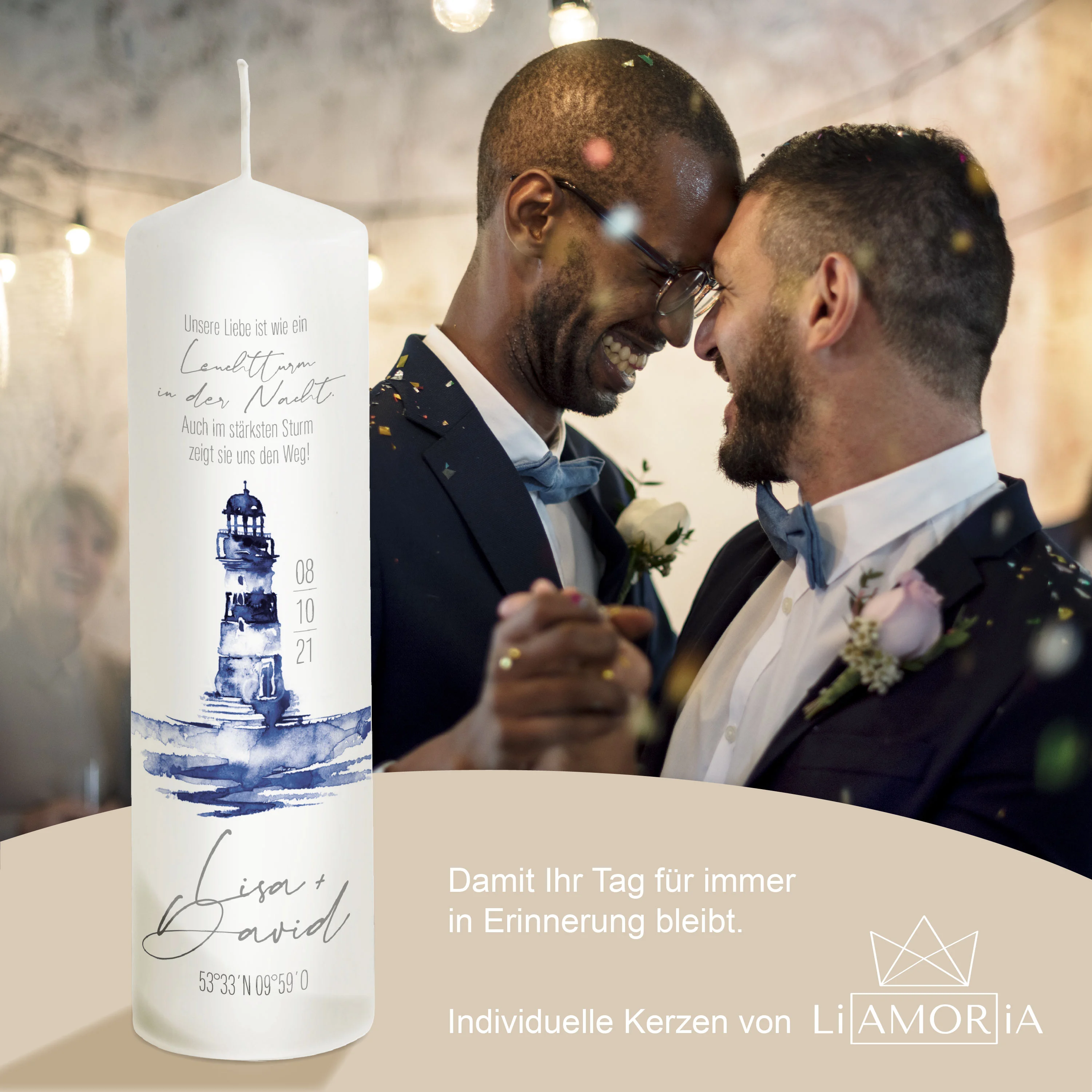 Hochzeitskerze Leuchtturm in blau "Modell David"