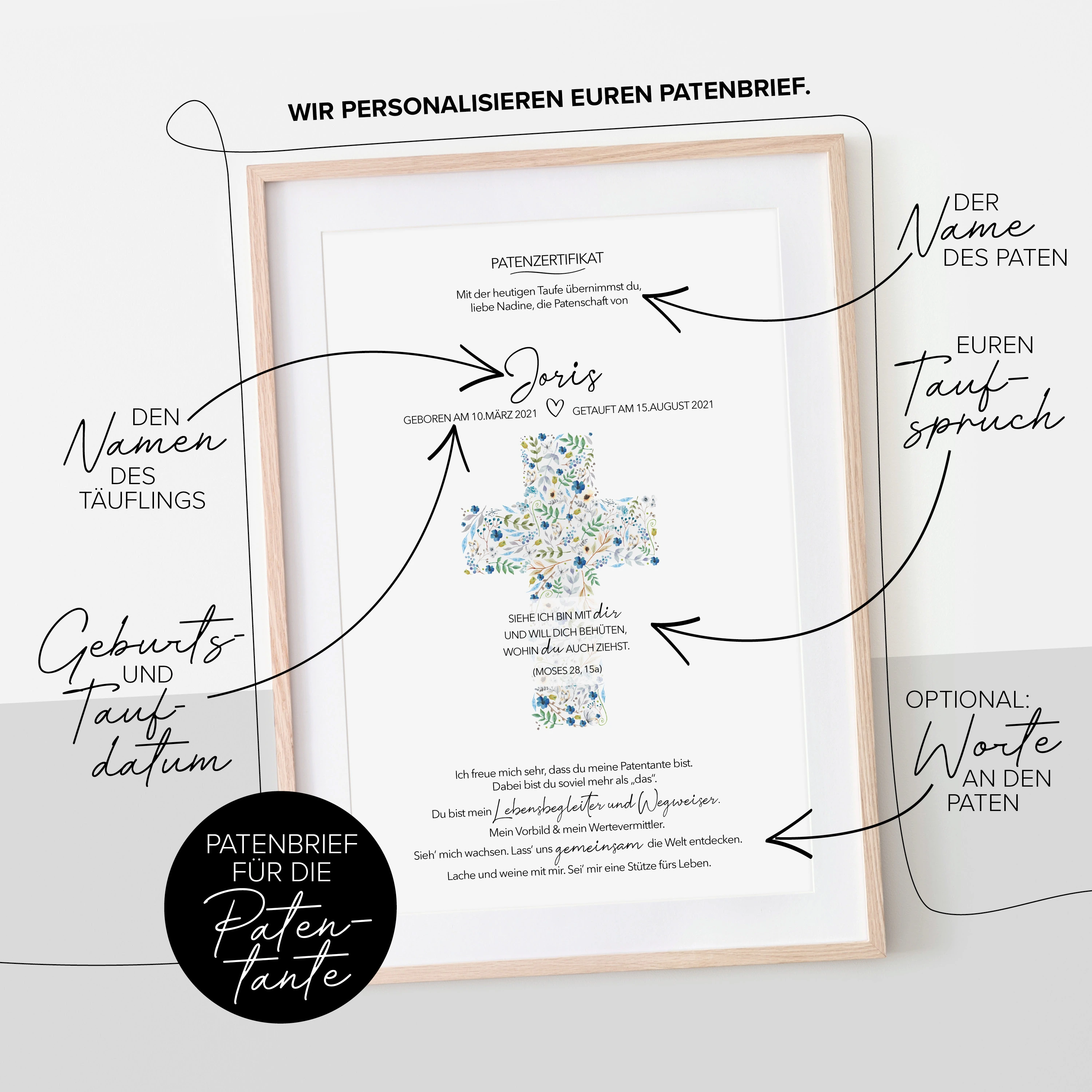 Patenbrief Taufe Kreuz blaue Blumen Joris