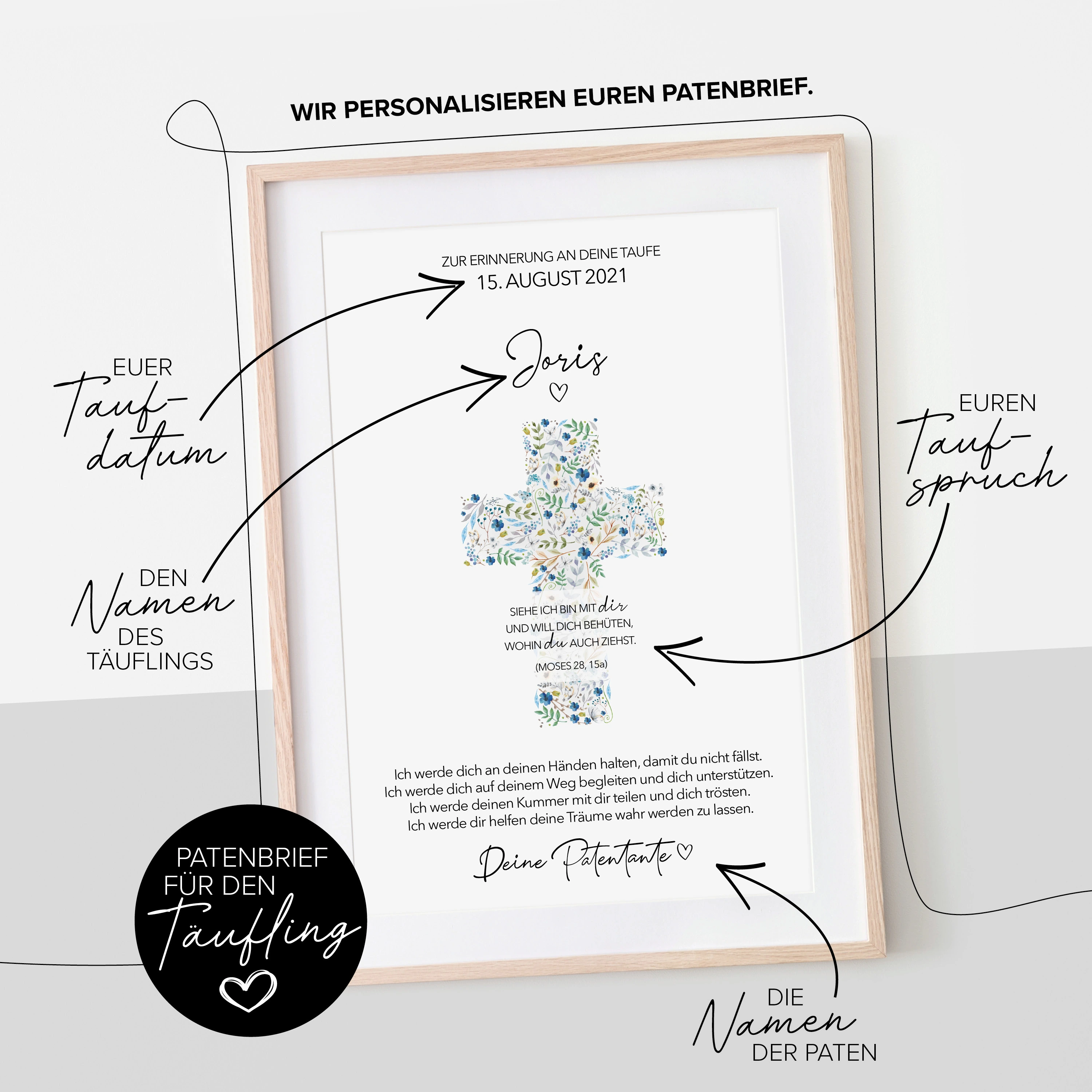 Patenbrief Taufe Kreuz blaue Blumen Joris