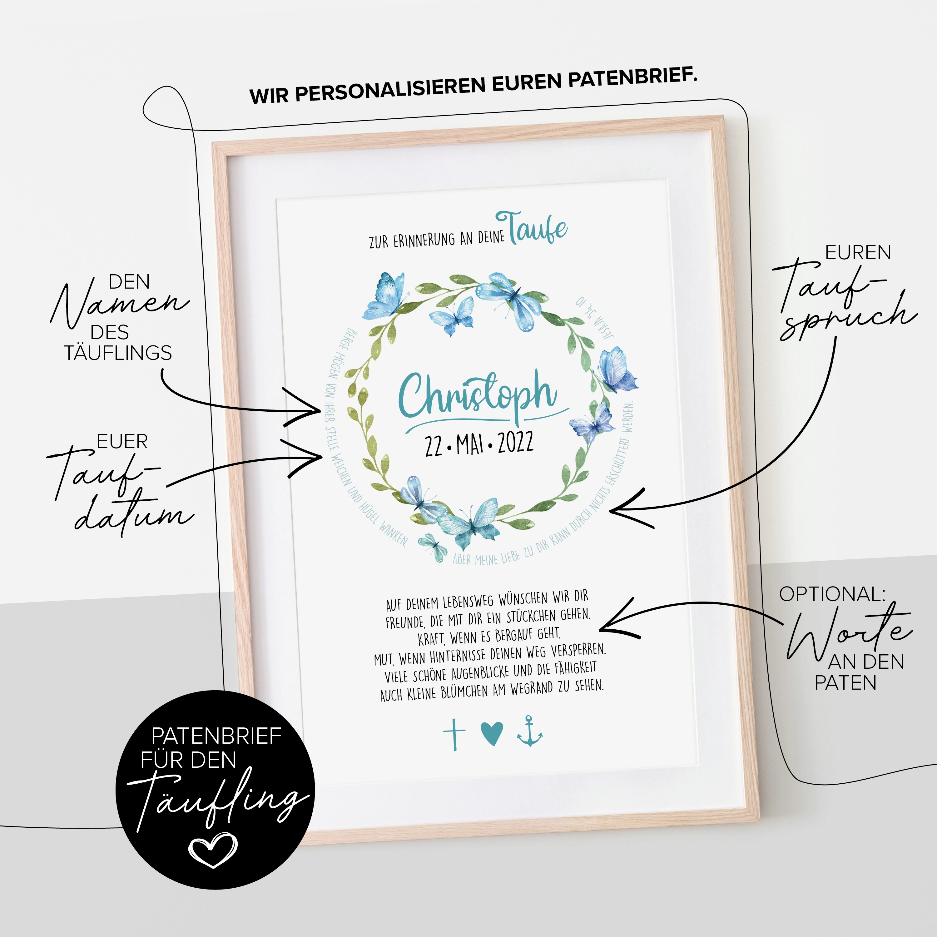 Patenbrief Taufe Schmetterling Kranz in Blau Christoph