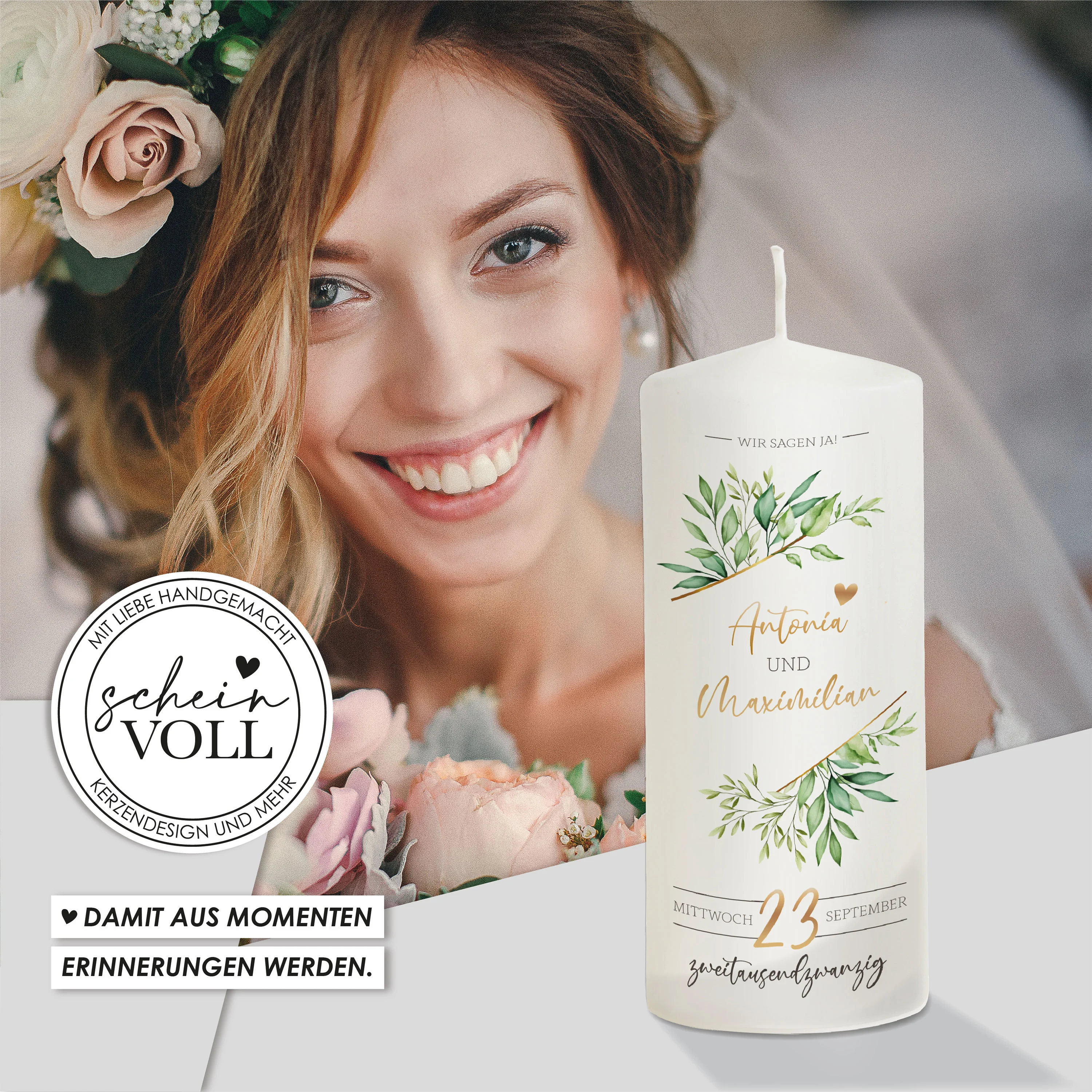 Hochzeitskerze Gold "Modell Greenery"