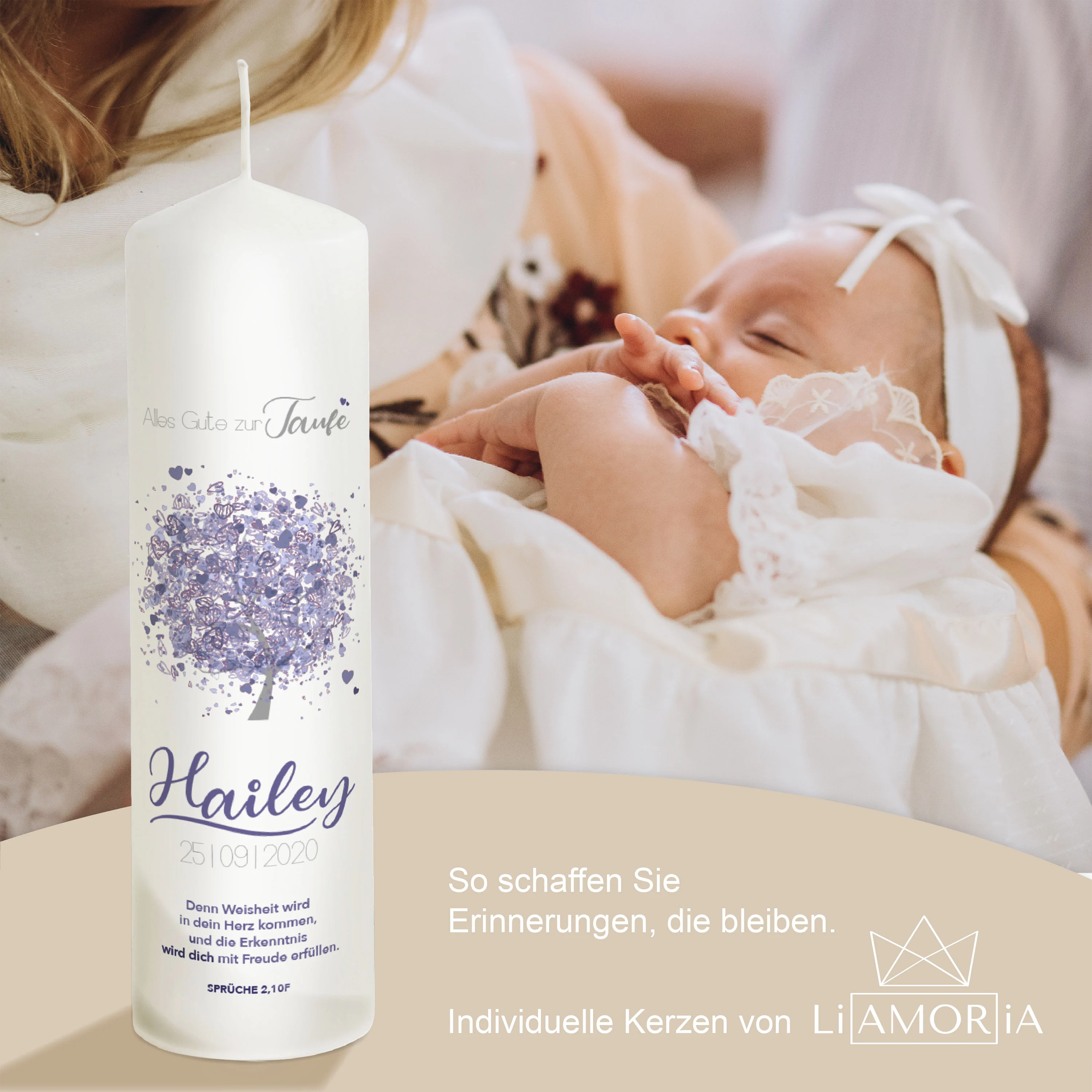 Taufkerze Baum in Lila für Mädchen "Modell Hailey"