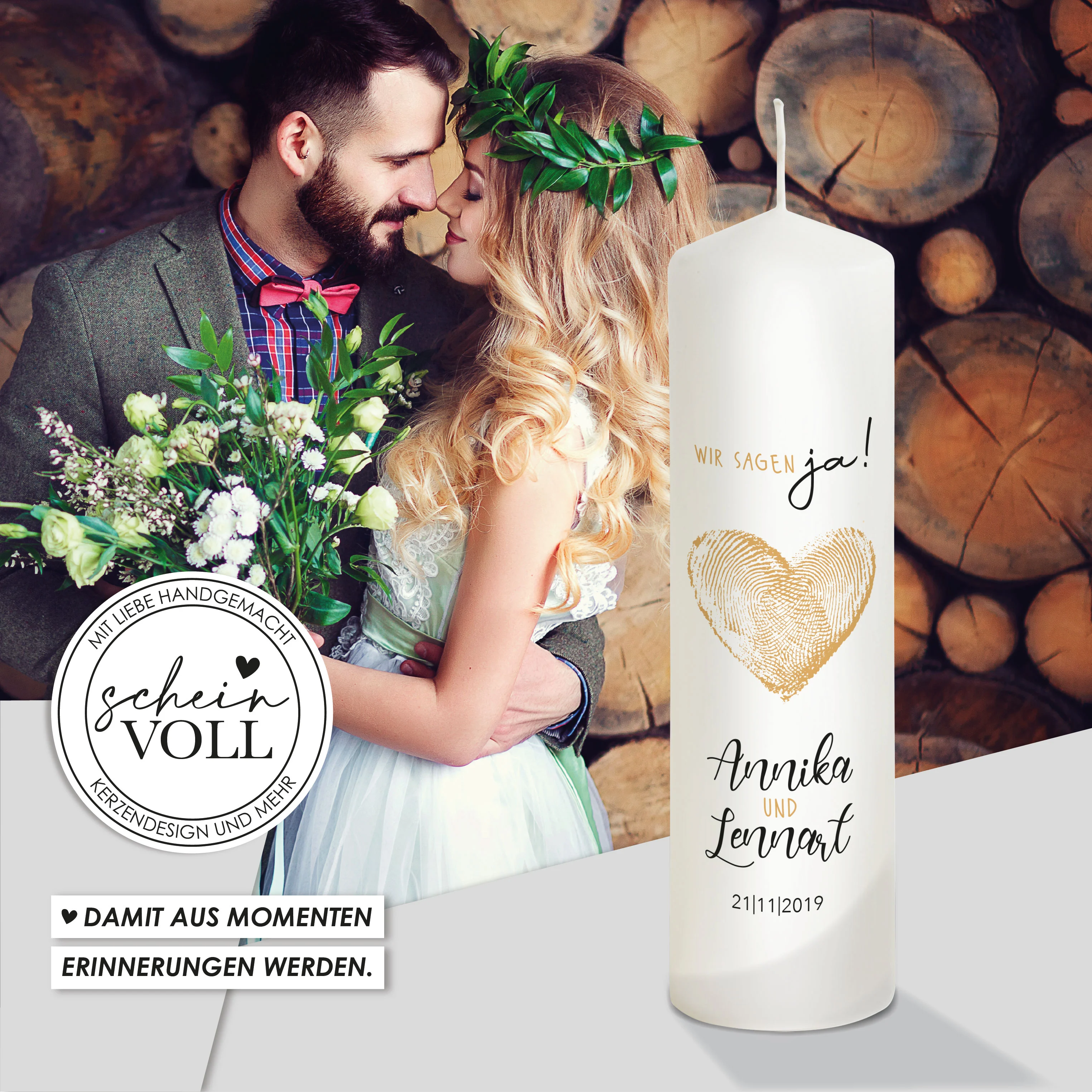 Hochzeitskerze Herz Gold  "Modell Fingerprint"