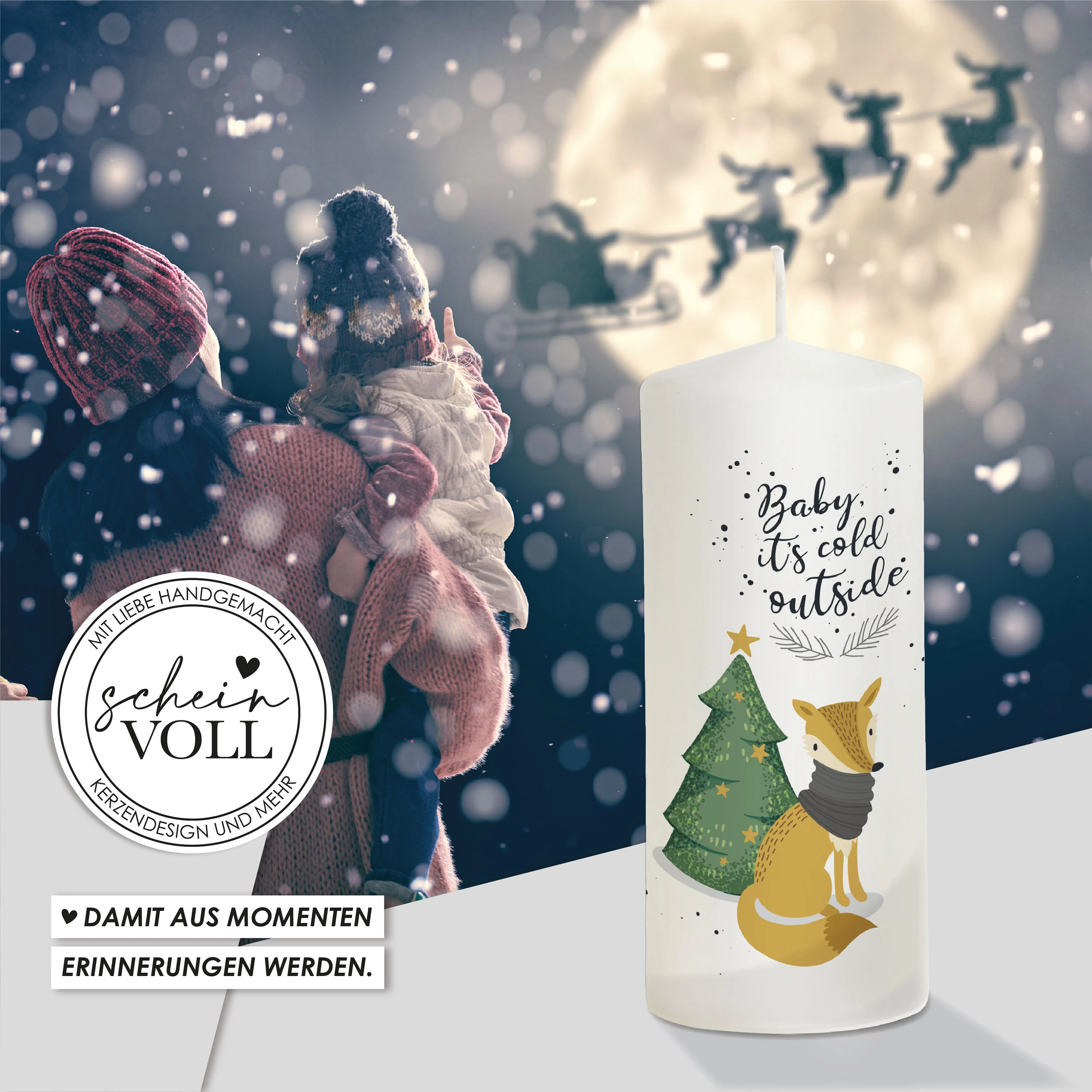 Weihnachtskerze Fuchs - personalisierbar - "Modell Cold outside"