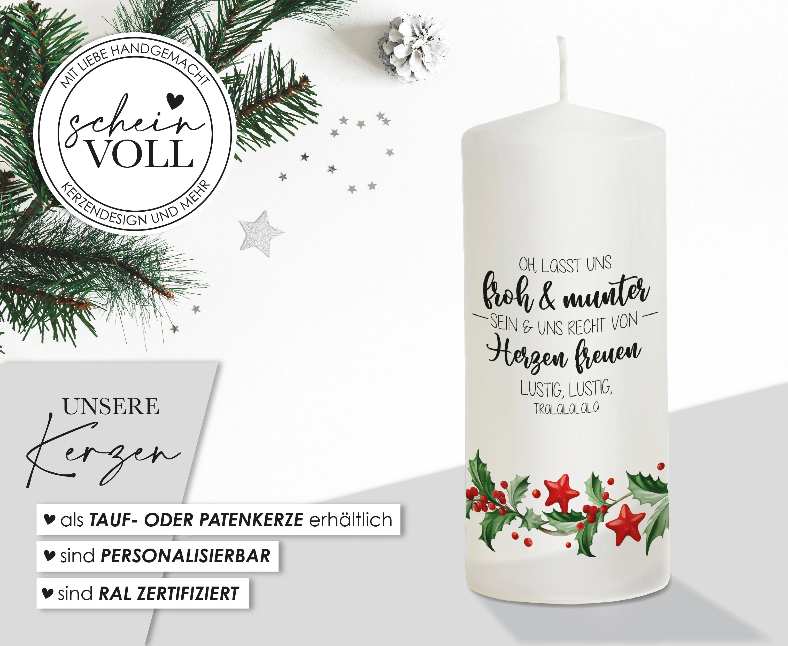 Weihnachtskerze Weihnachtszweig - personalisierbar - "Modell Herzensfreude"