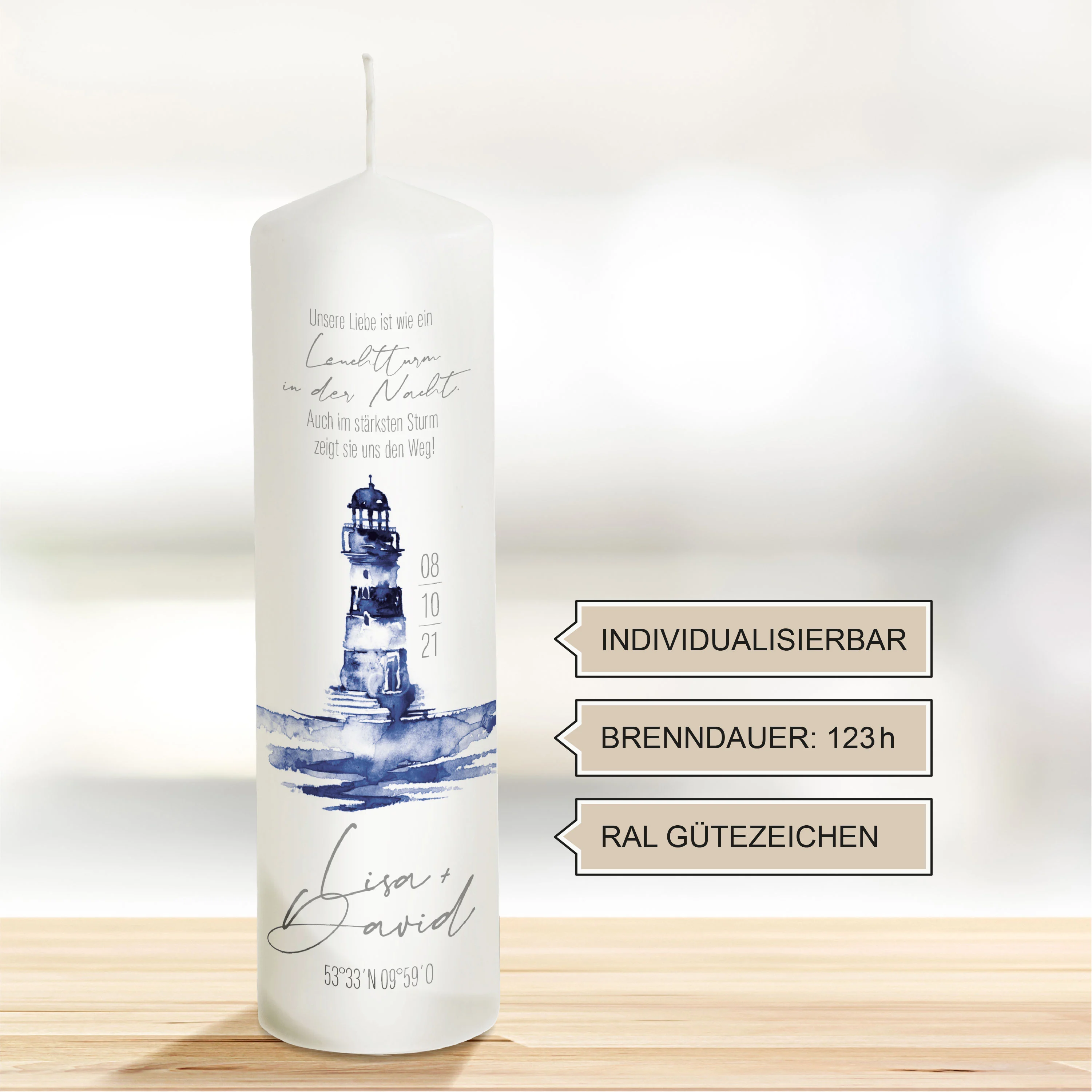 Hochzeitskerze Leuchtturm in blau "Modell David"