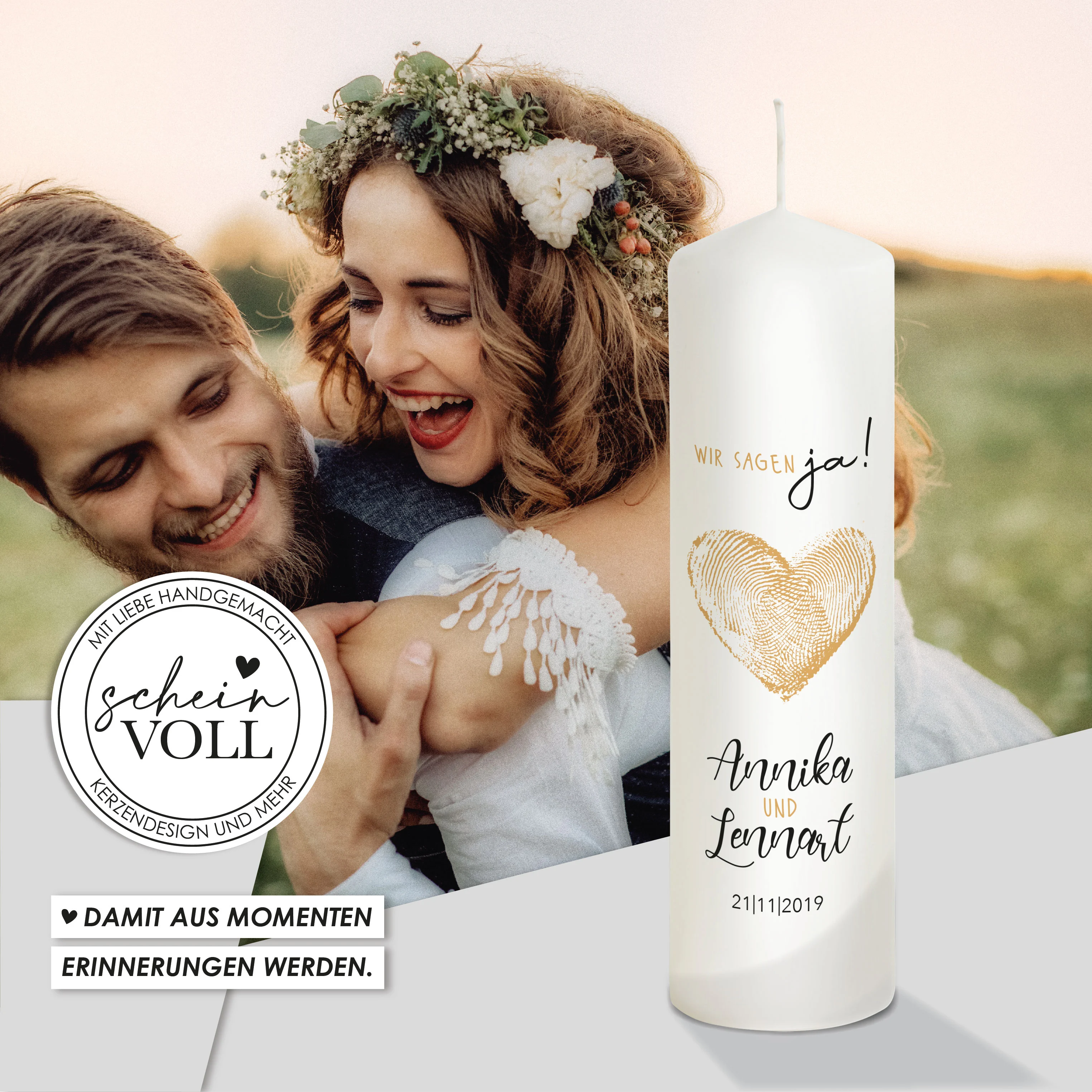 Hochzeitskerze Herz Gold  "Modell Fingerprint"