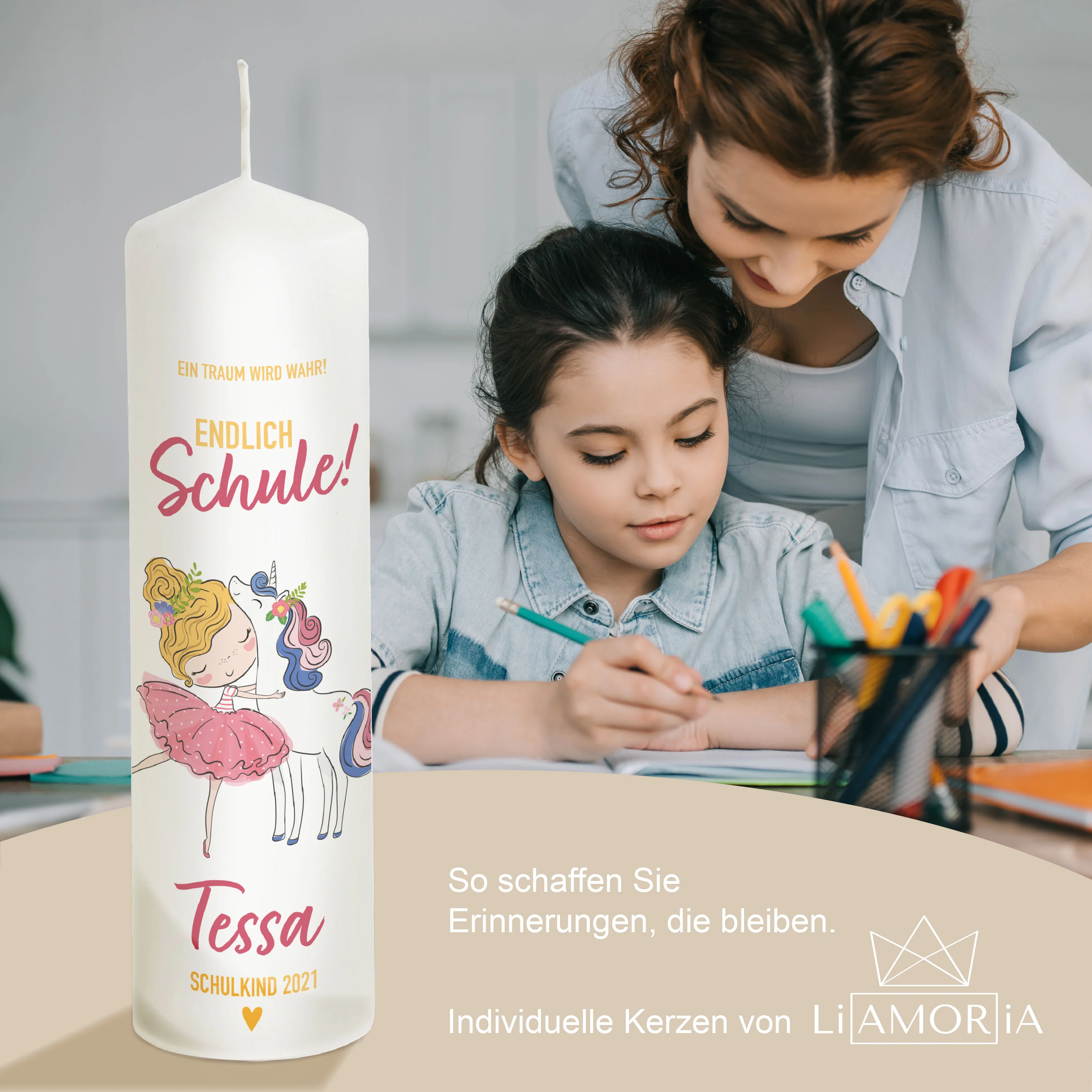 Einschulungskerze Einhorn "Modell Tessa"