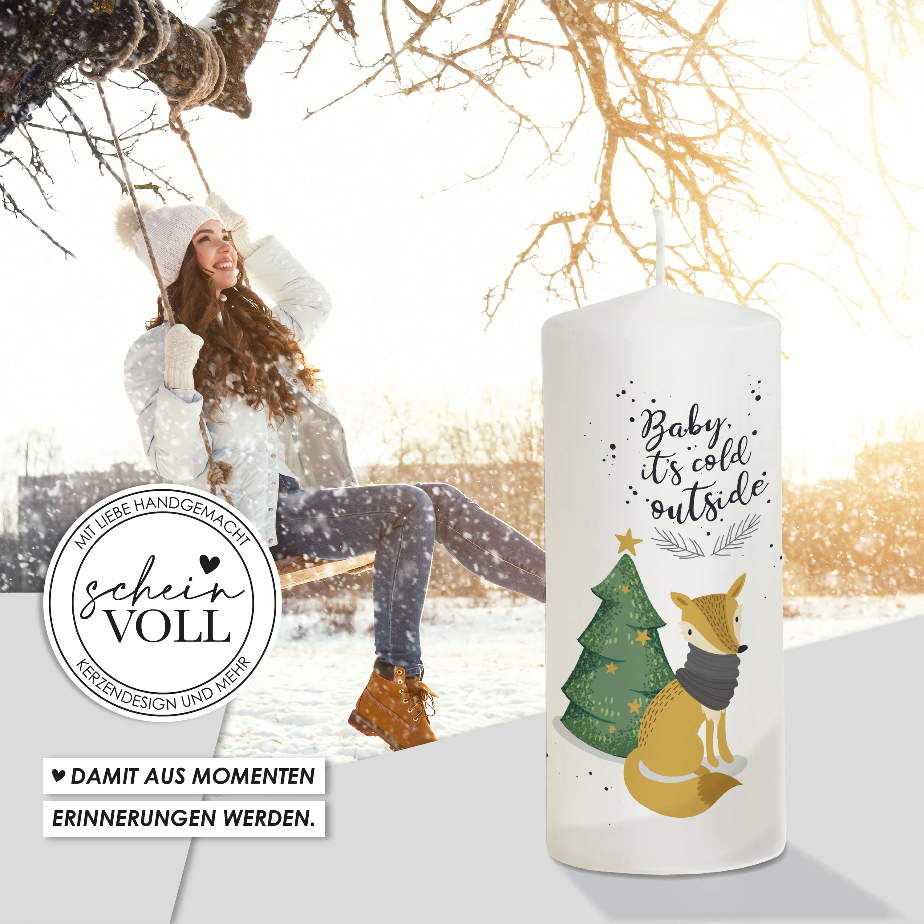 Weihnachtskerze Fuchs - personalisierbar - "Modell Cold outside"