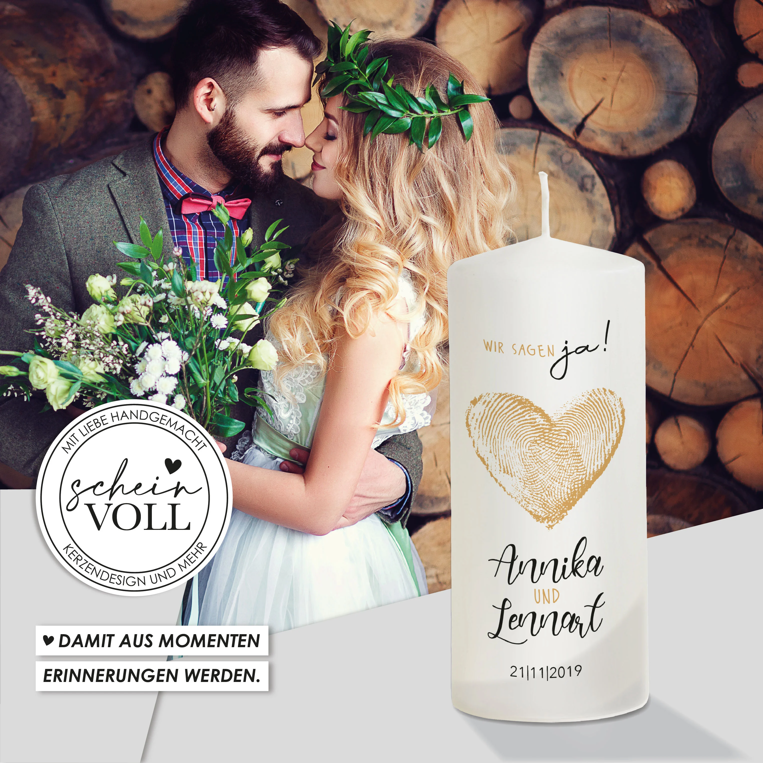 Hochzeitskerze Herz Gold  "Modell Fingerprint"