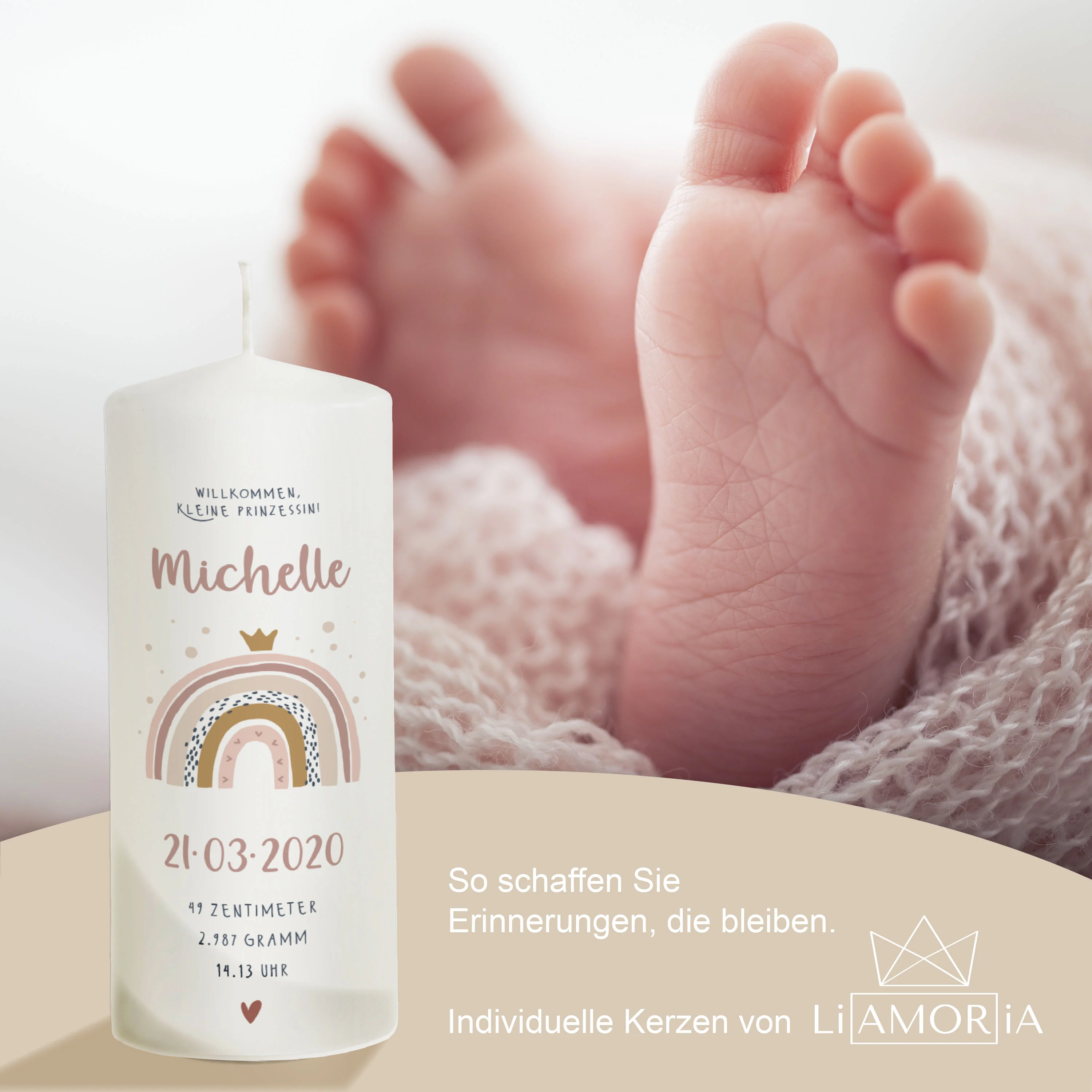 Geburtskerze Regenbogen für Mädchen "Modell Michelle"