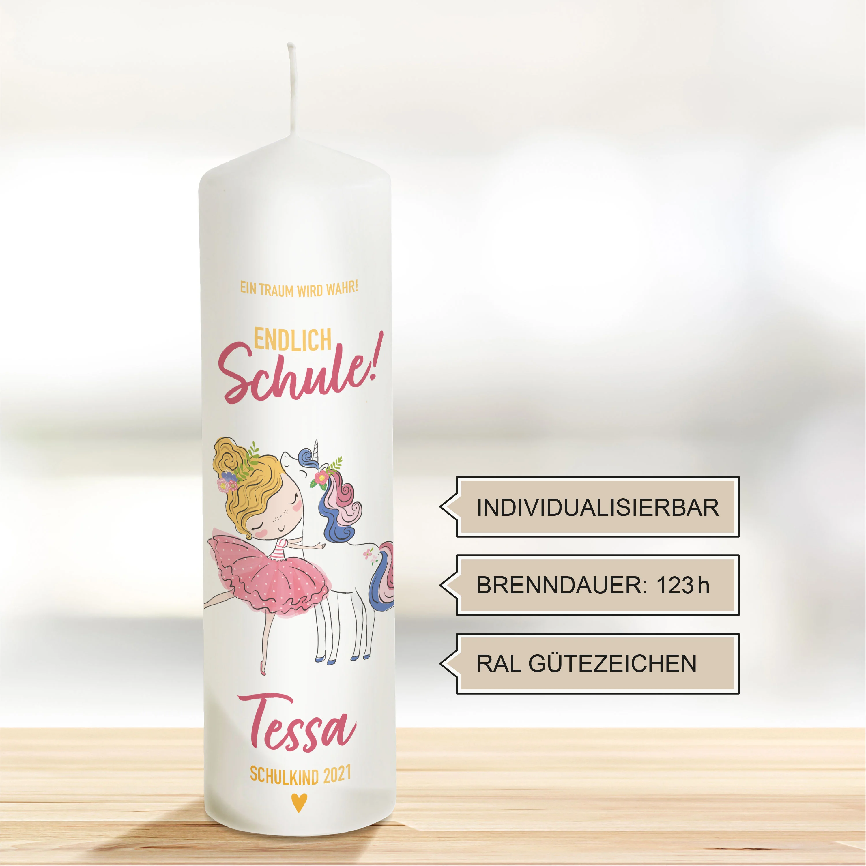 Einschulungskerze Einhorn "Modell Tessa"