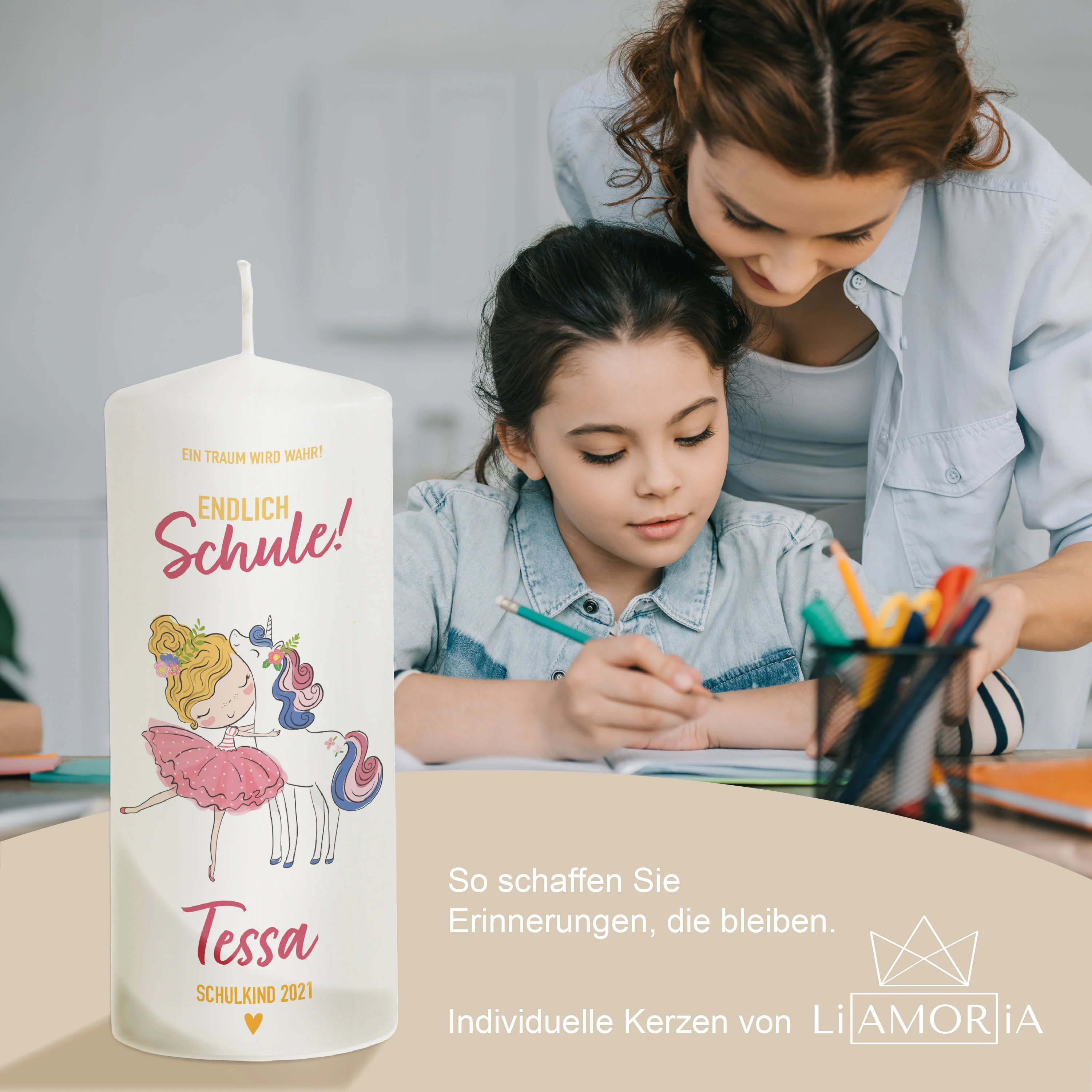 Einschulungskerze Einhorn "Modell Tessa"