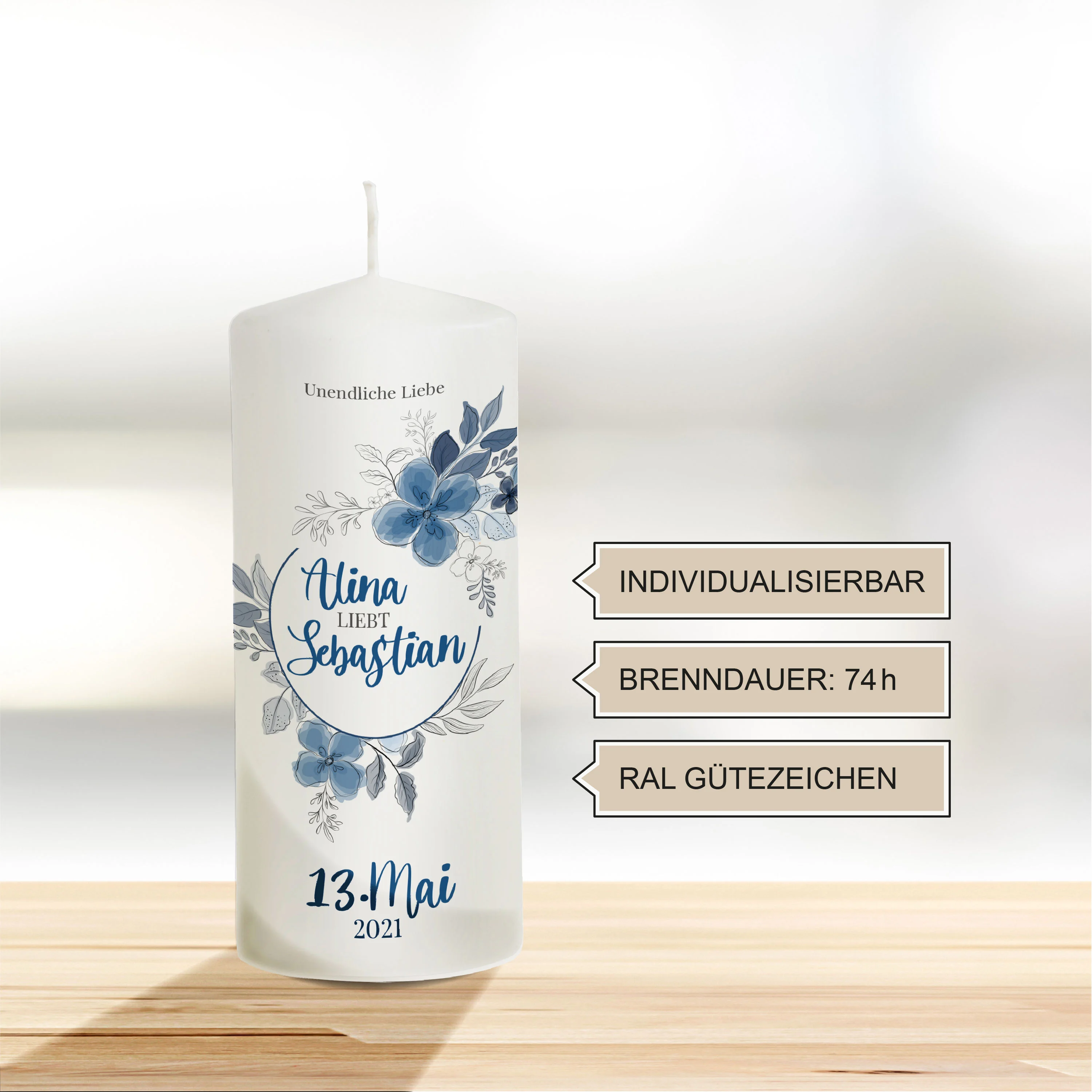 Hochzeitskerze Blume blau  "Modell Alina"