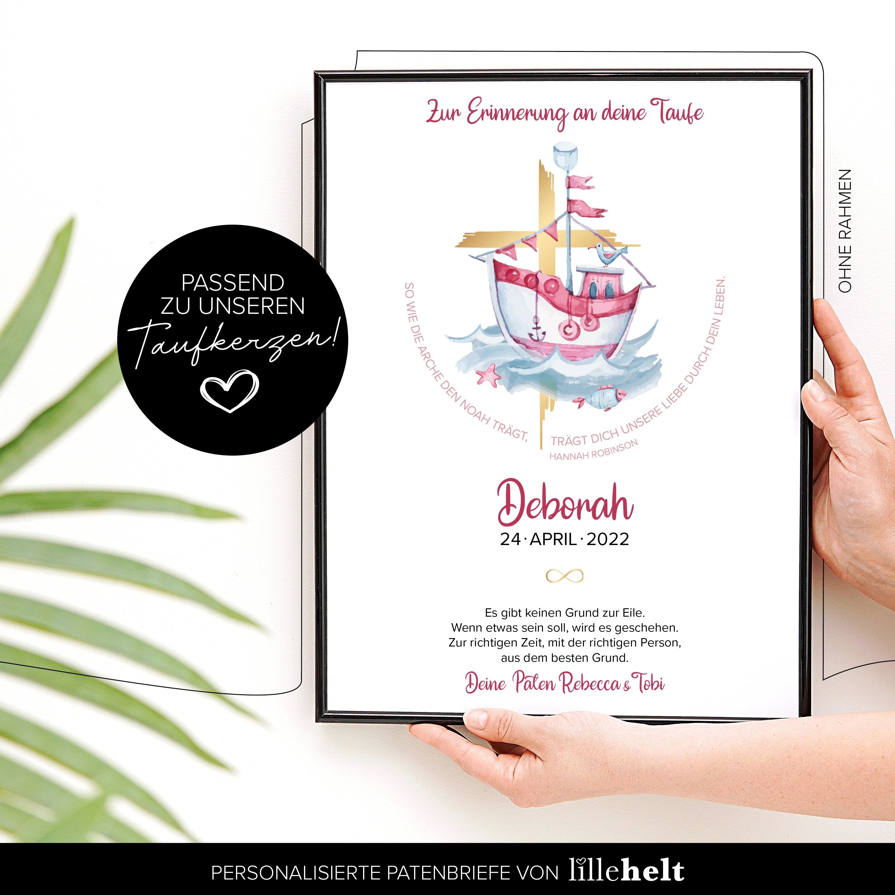 Patenbrief Taufe Schiff mit Kreuz in Rosa Deborah