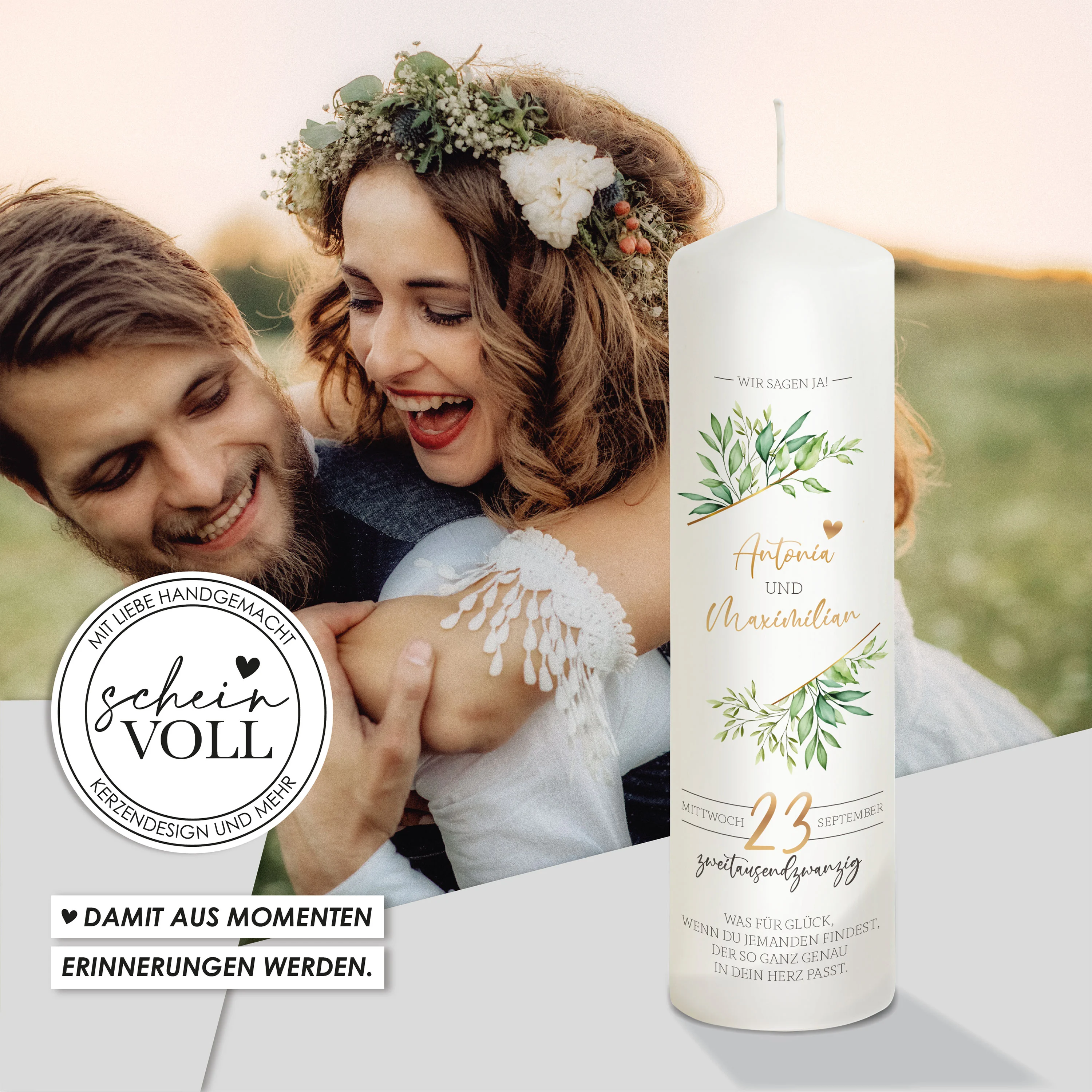 Hochzeitskerze Gold "Modell Greenery"