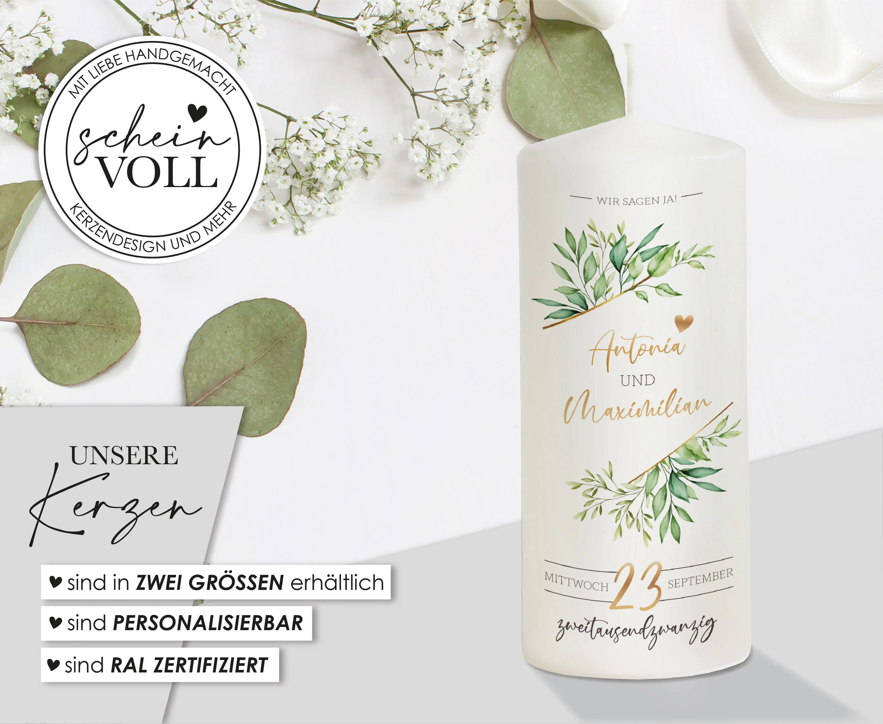 Hochzeitskerze Gold "Modell Greenery"