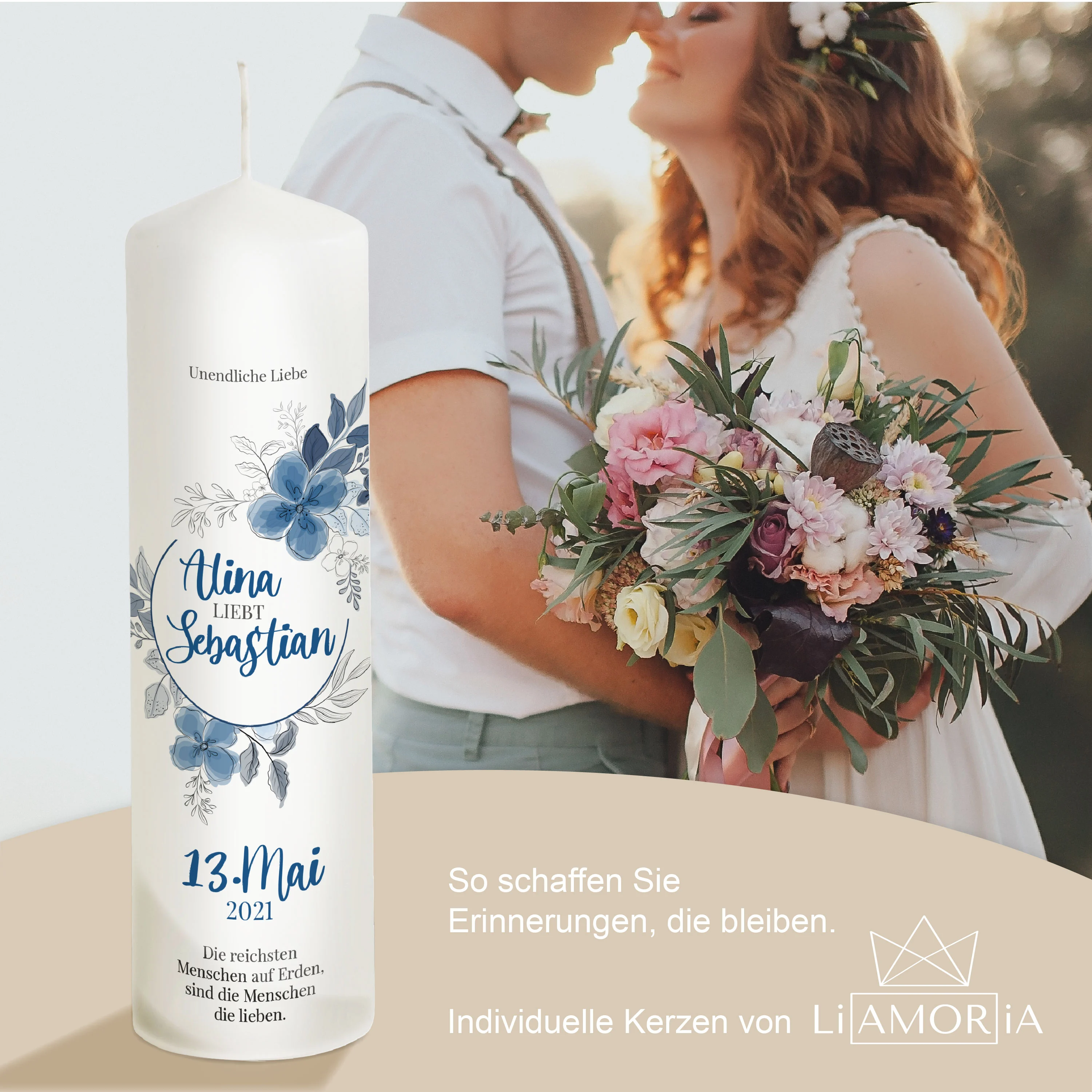 Hochzeitskerze Blume blau  "Modell Alina"