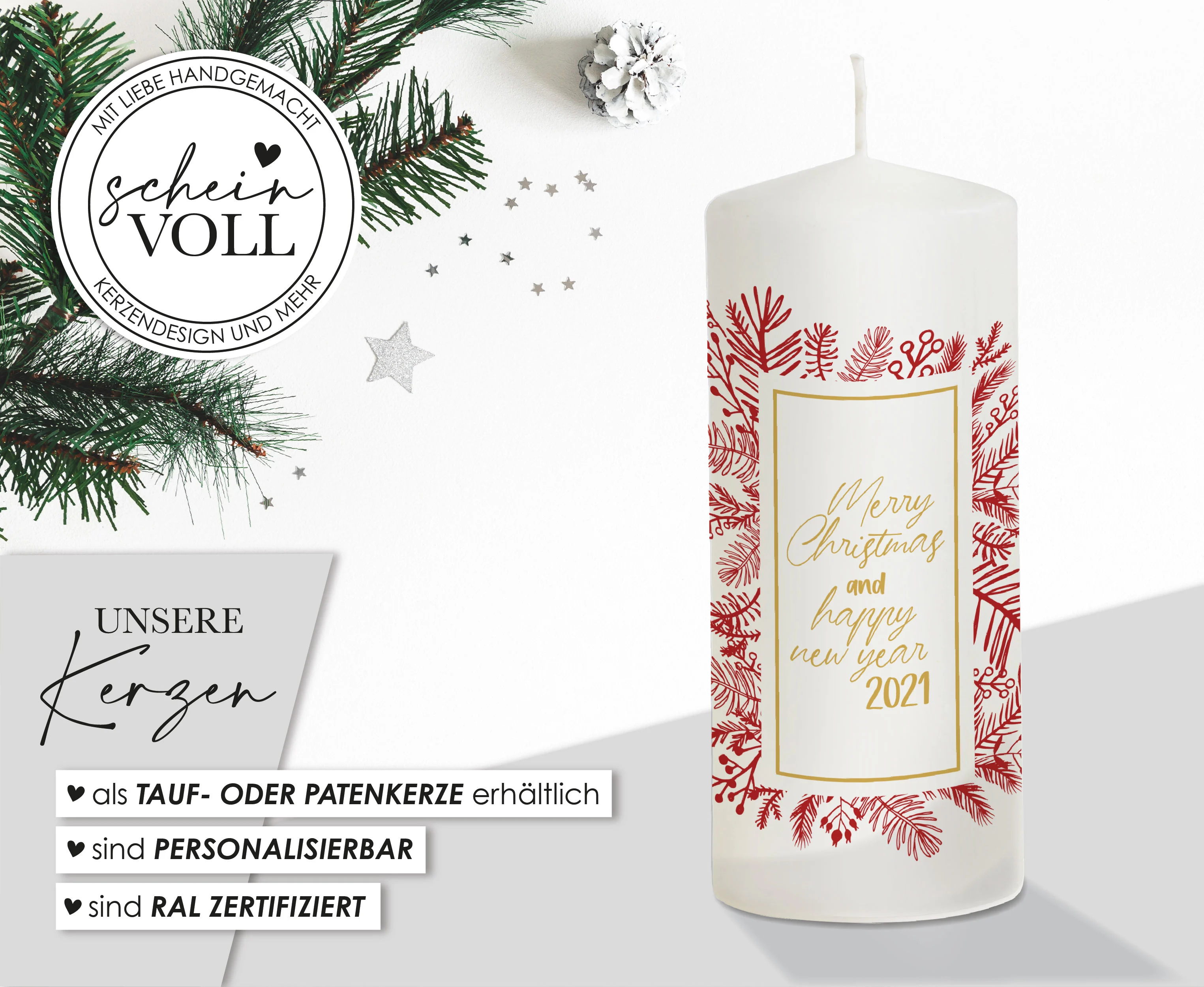 Weihnachtskerze Tannenzweig "Modell merry christmas"