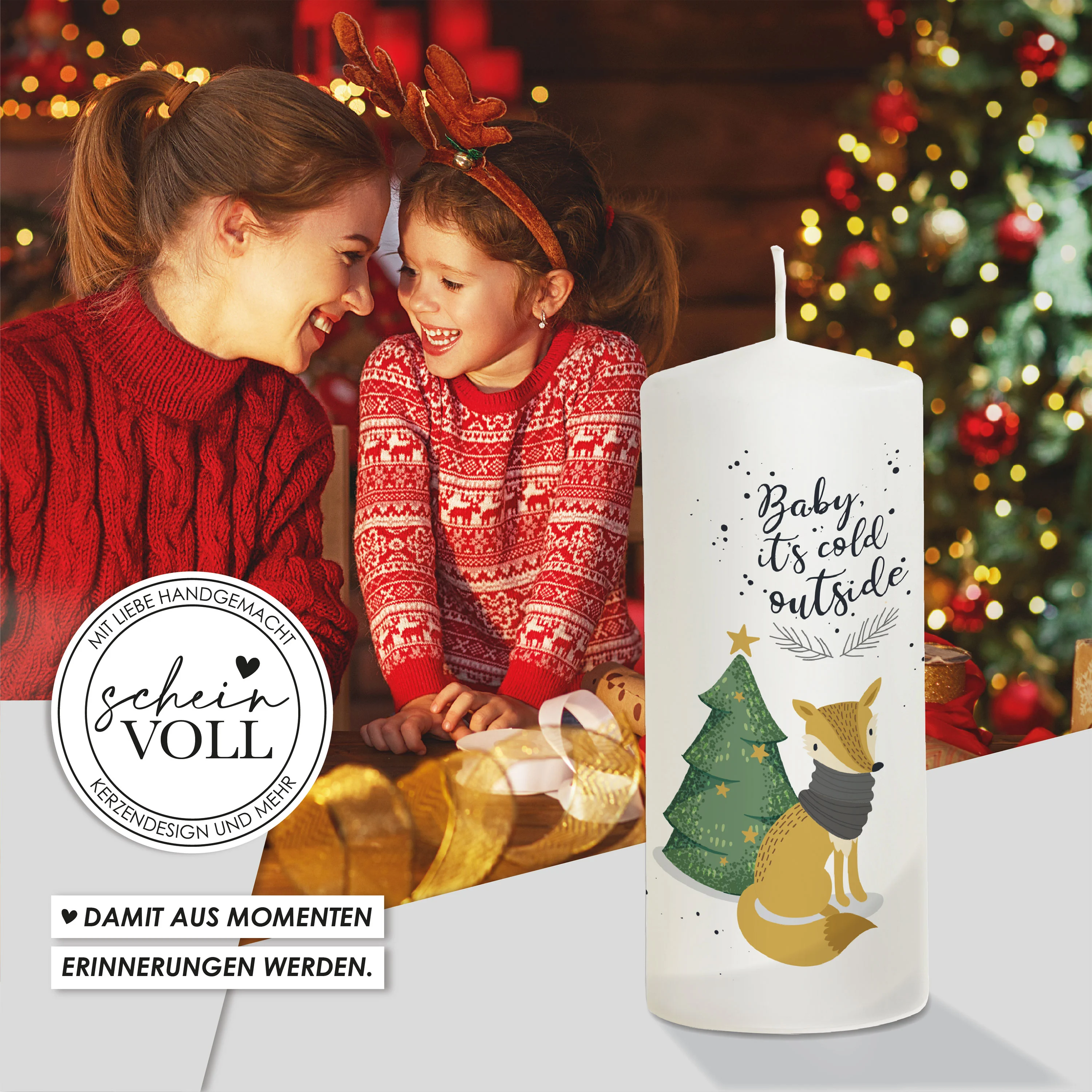 Weihnachtskerze Fuchs - personalisierbar - "Modell Cold outside"