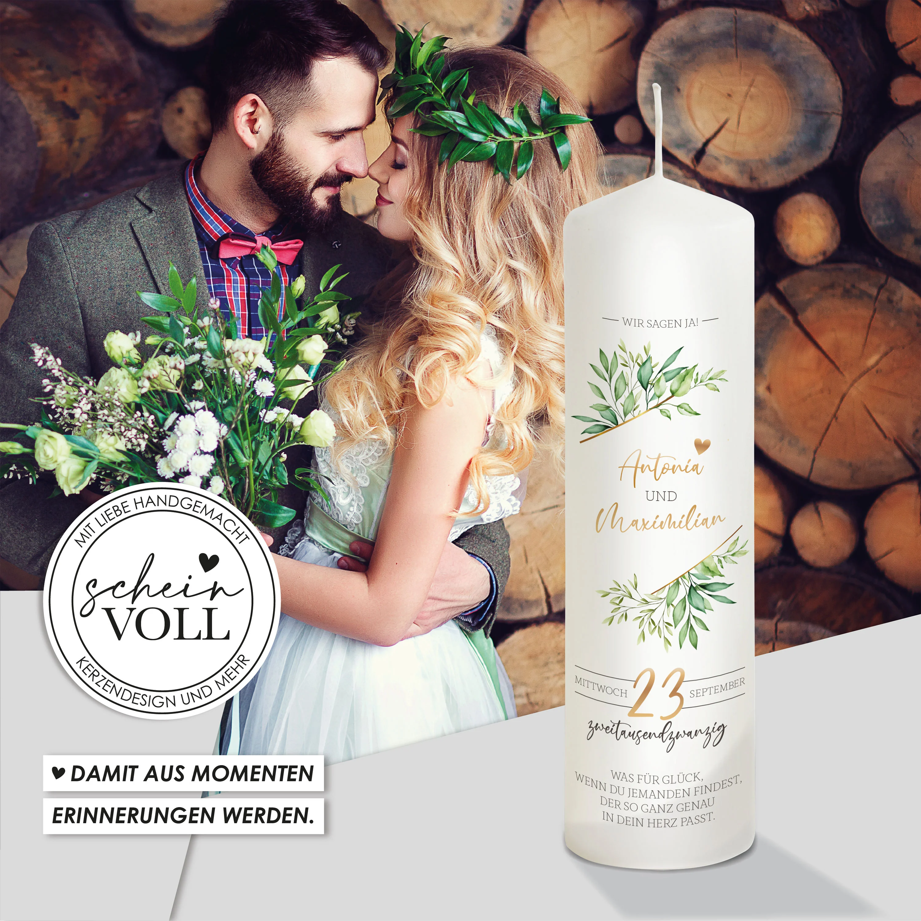 Hochzeitskerze Gold "Modell Greenery"