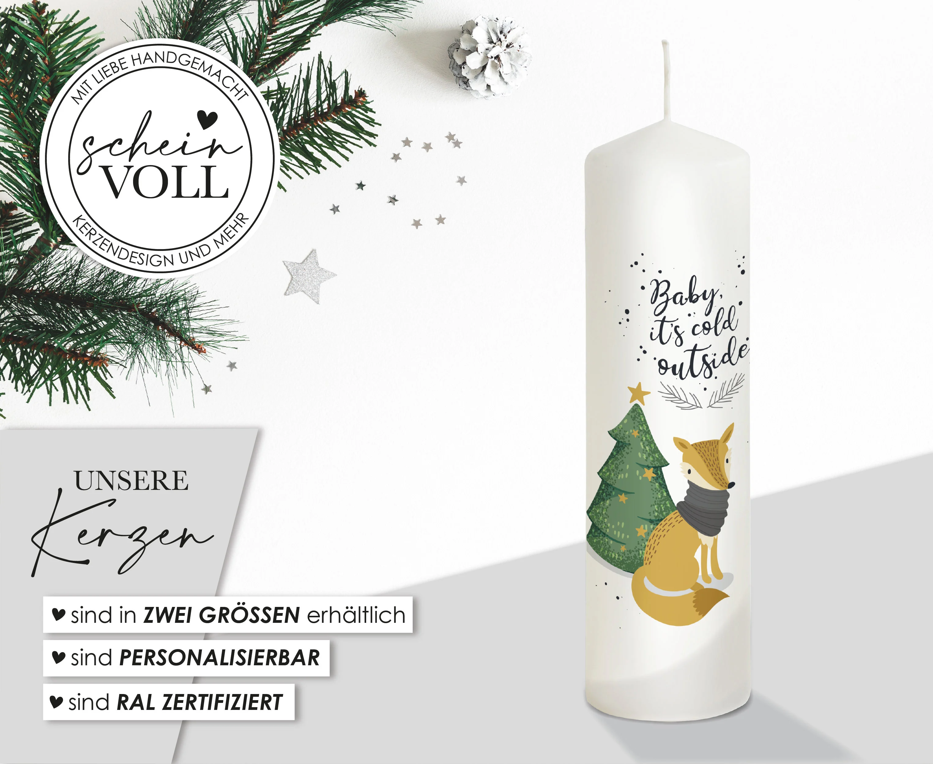 Weihnachtskerze Fuchs - personalisierbar - "Modell Cold outside"