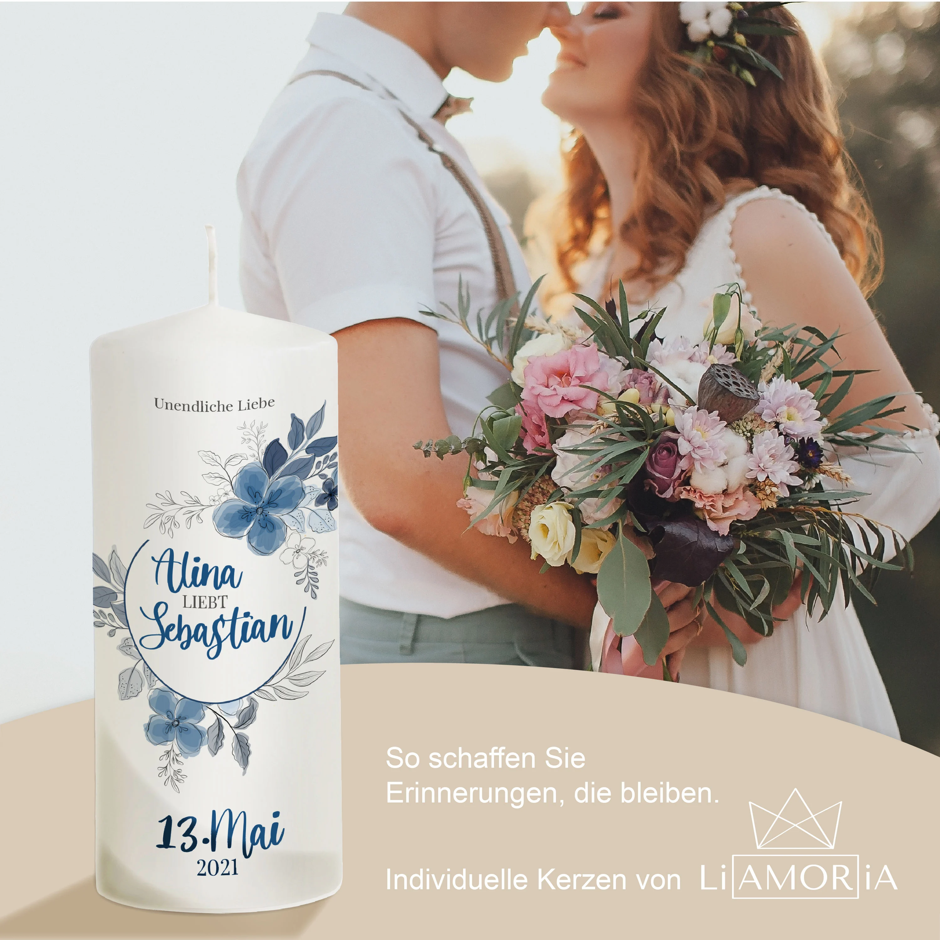 Hochzeitskerze Blume blau  "Modell Alina"