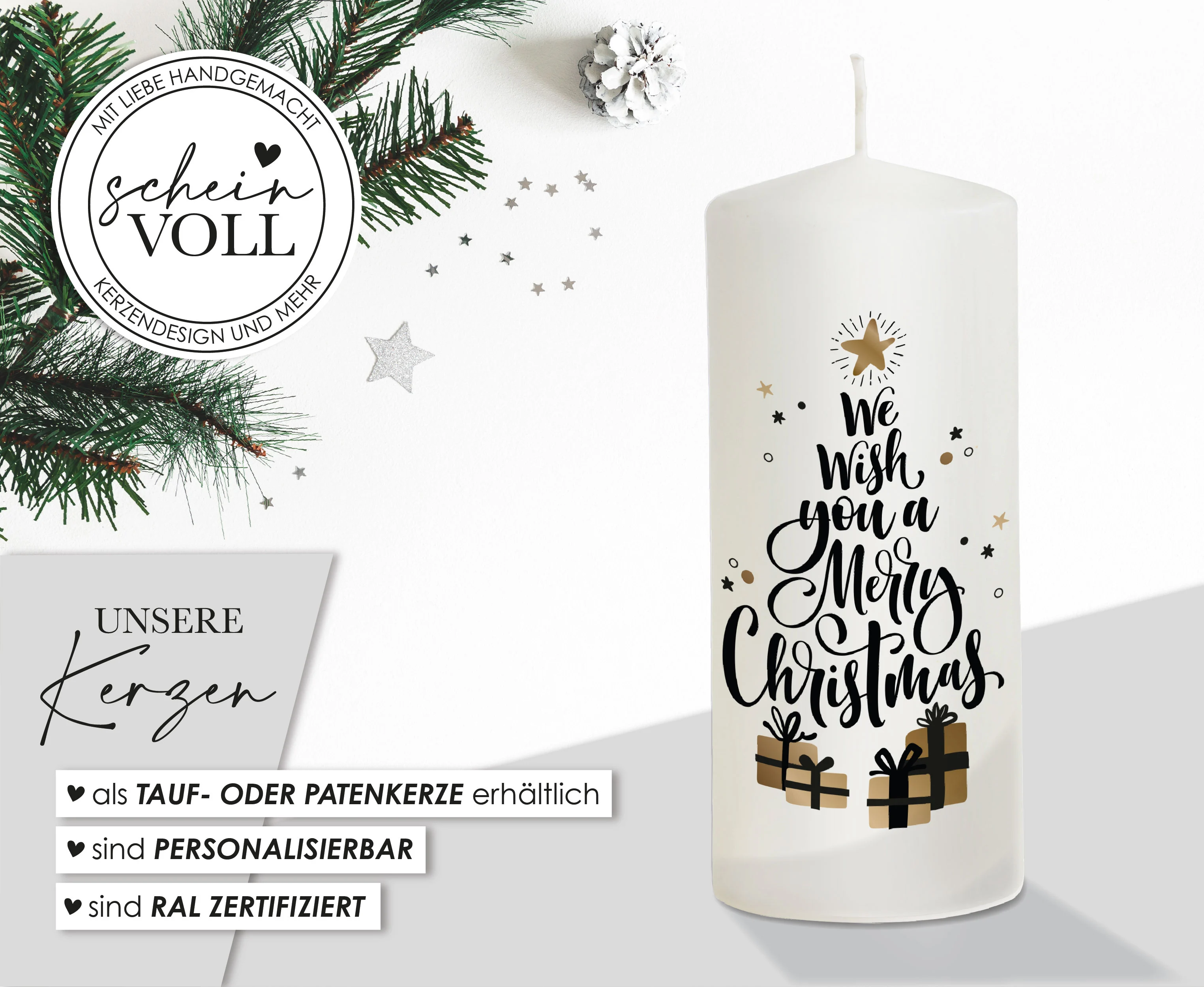 Weihnachtskerze Geschenke - personalisierbar - "Modell We wish you"