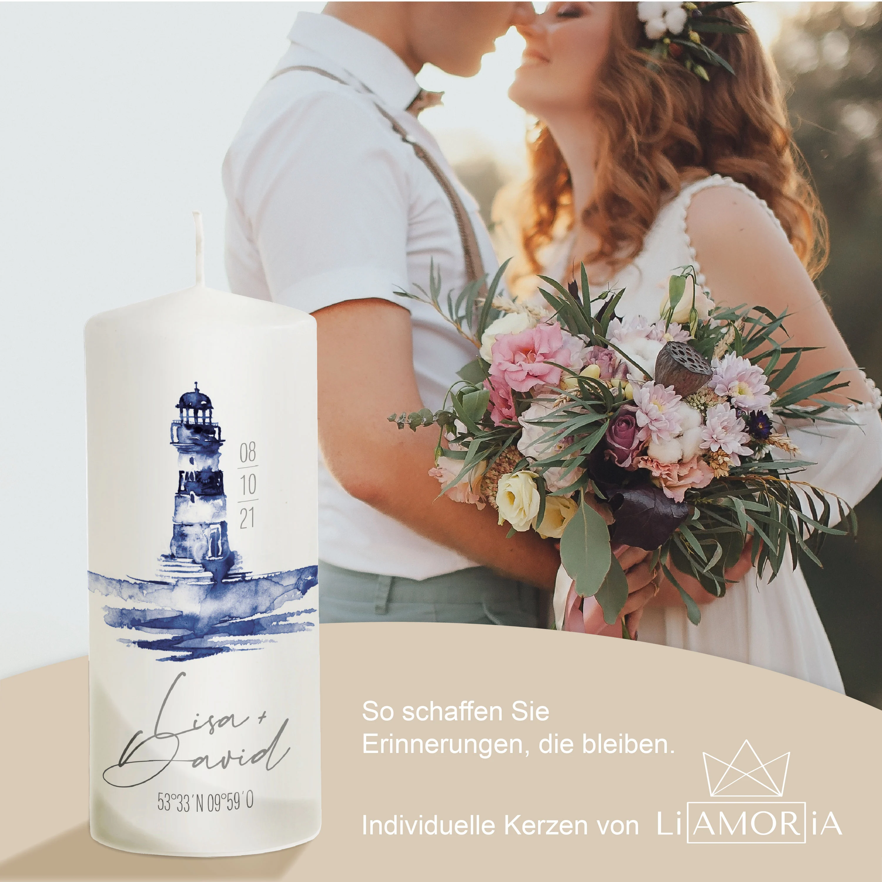 Hochzeitskerze Leuchtturm in blau "Modell David"