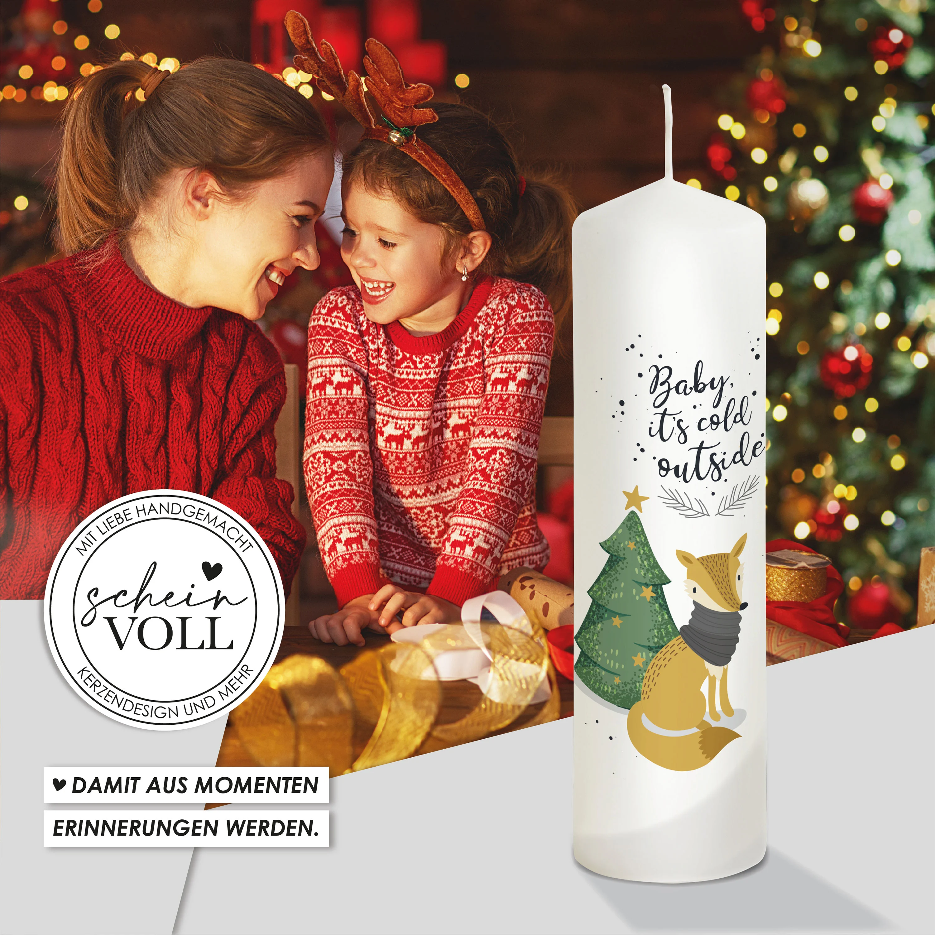 Weihnachtskerze Fuchs - personalisierbar - "Modell Cold outside"