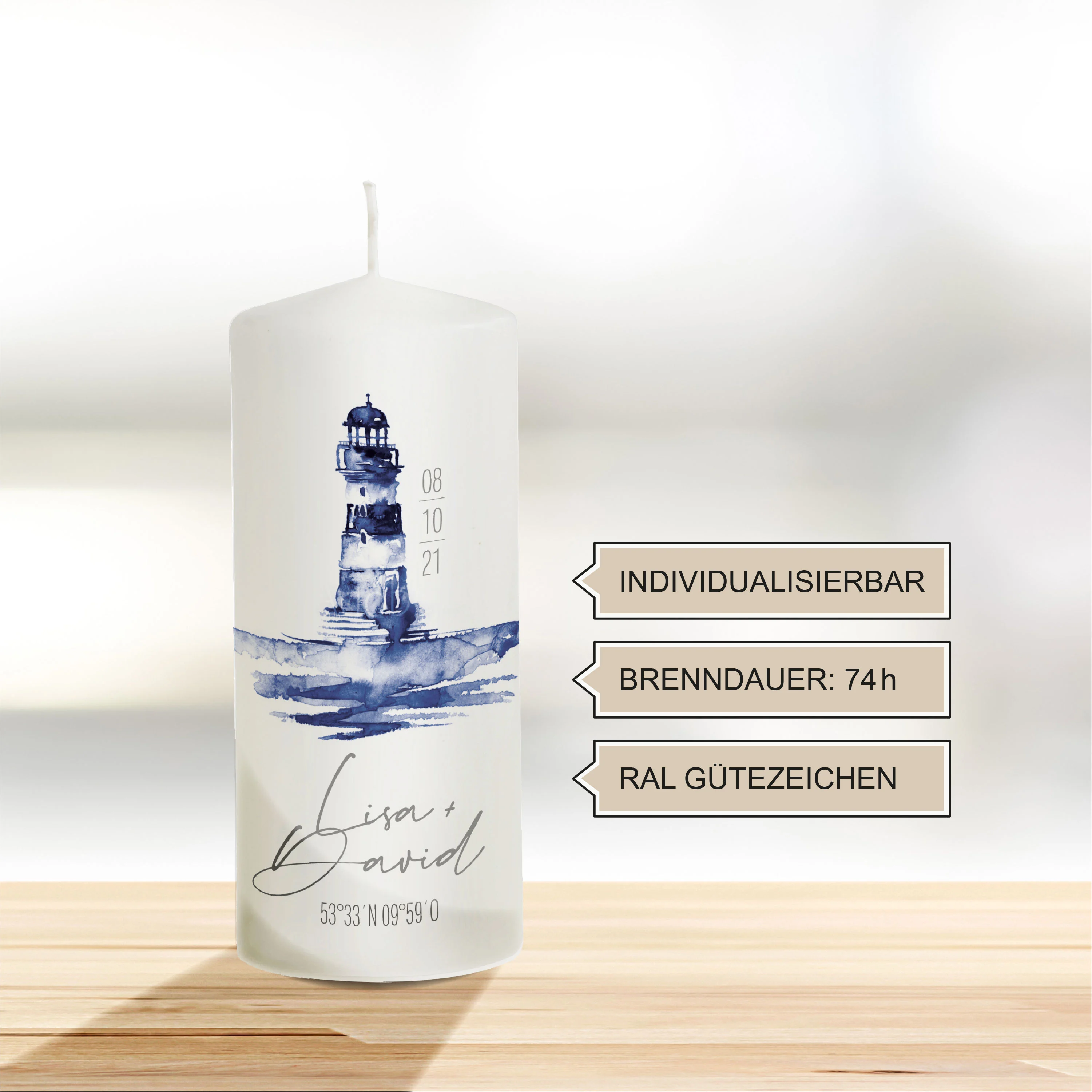 Hochzeitskerze Leuchtturm in blau "Modell David"