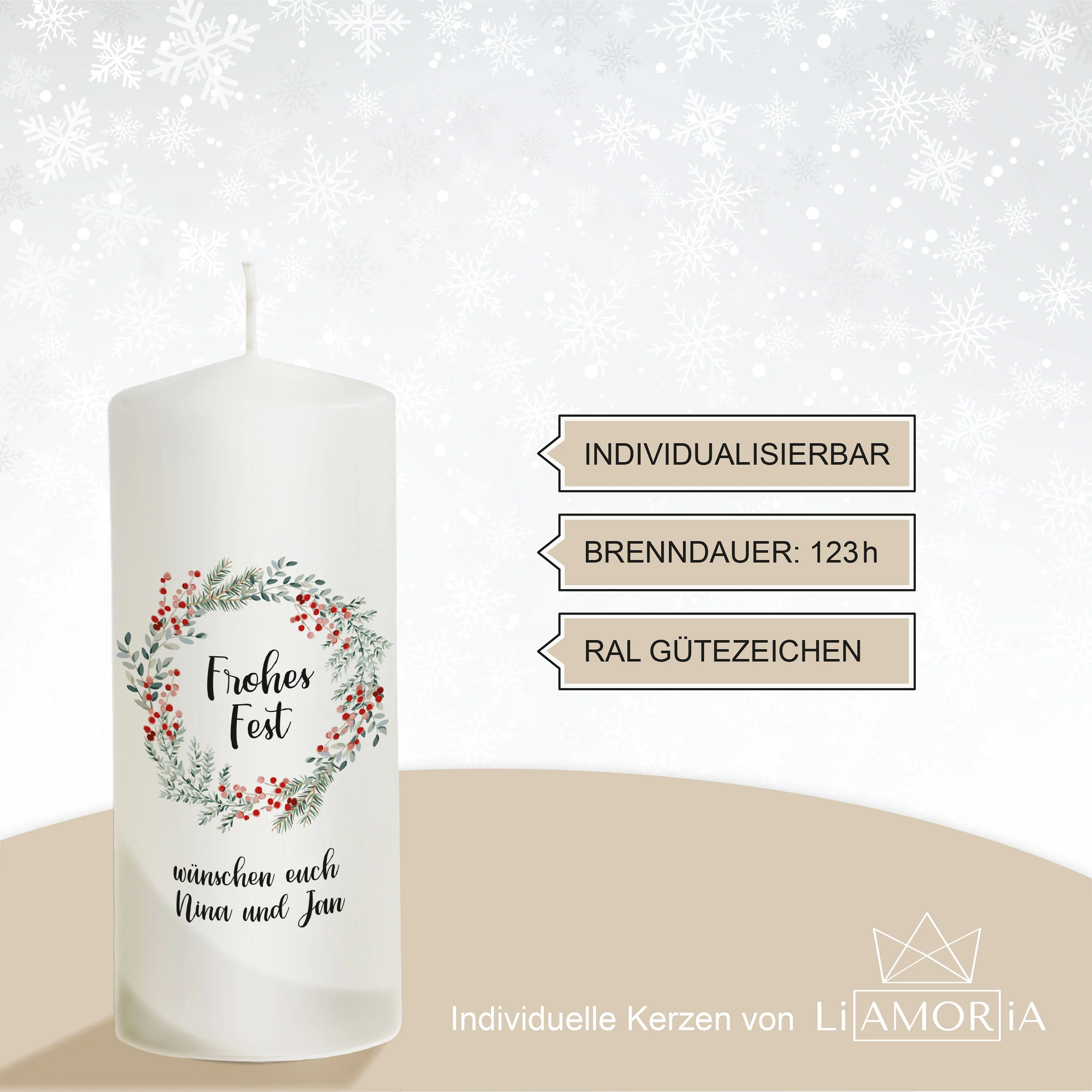 Weihnachtskerze Kranz - personalisierbar - "Modell Frohes Fest"