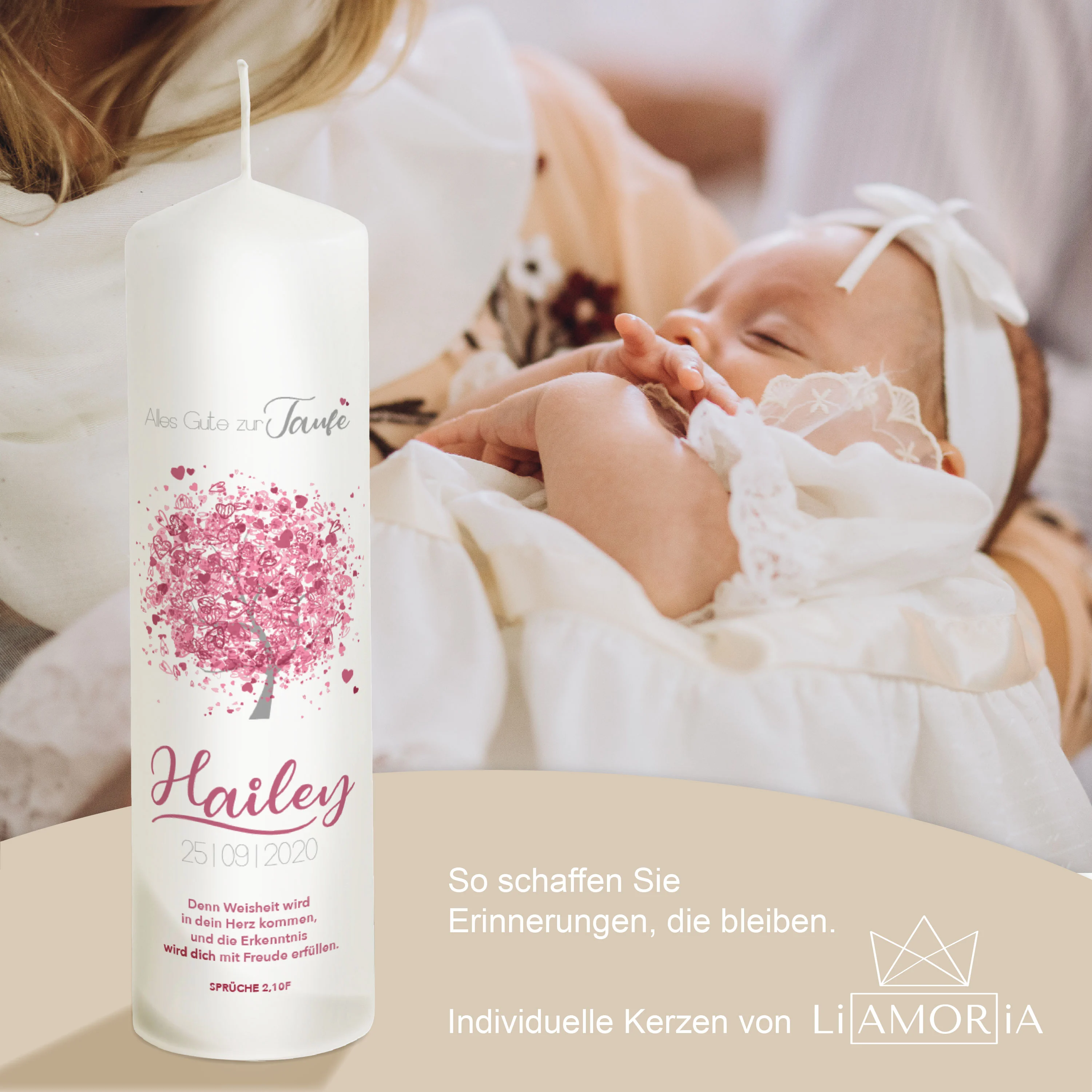 Taufkerze Baum in rosa für Mädchen "Modell Hailey"