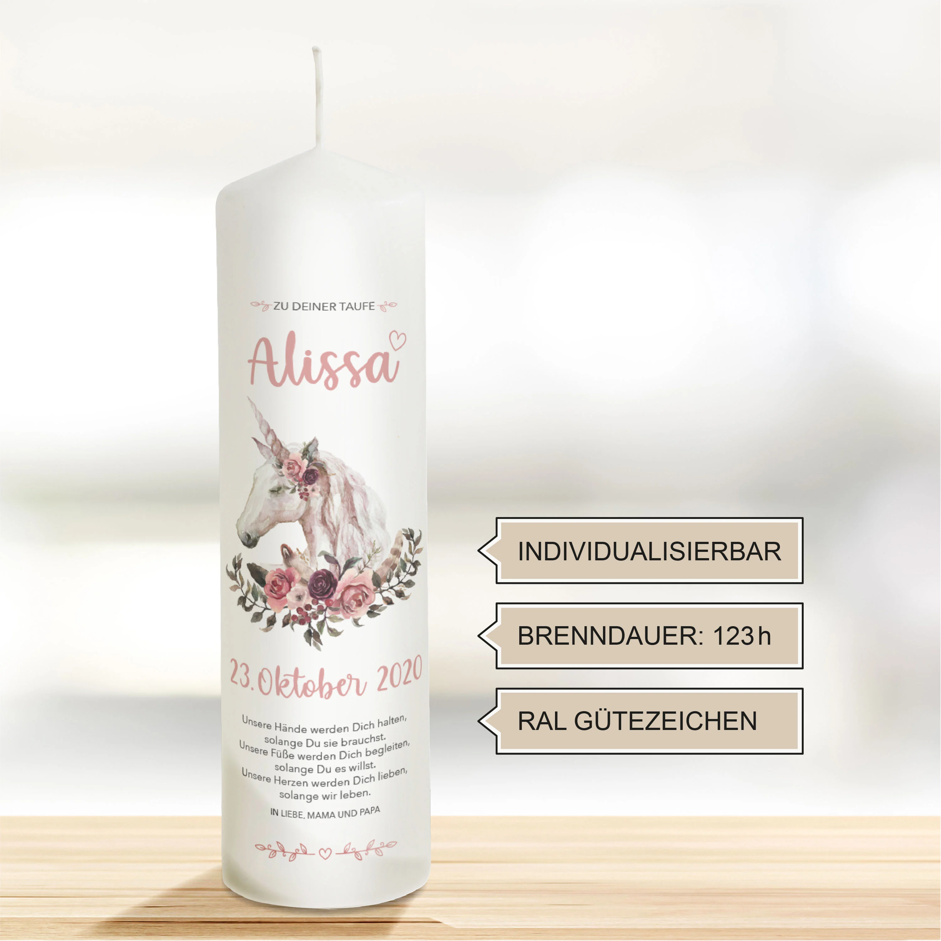 Taufkerze Einhorn rosa "Modell Alissa"