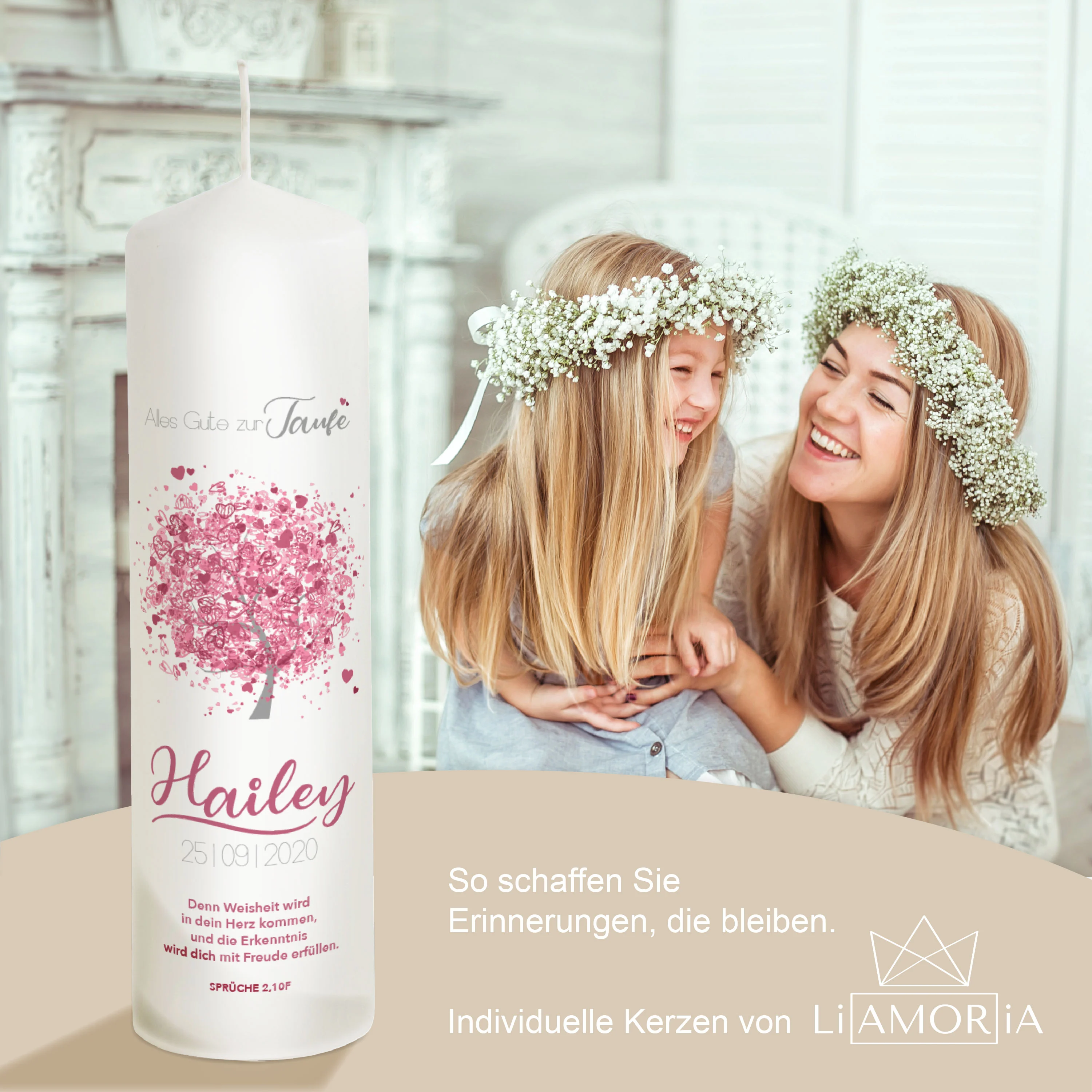 Taufkerze Baum in rosa für Mädchen "Modell Hailey"