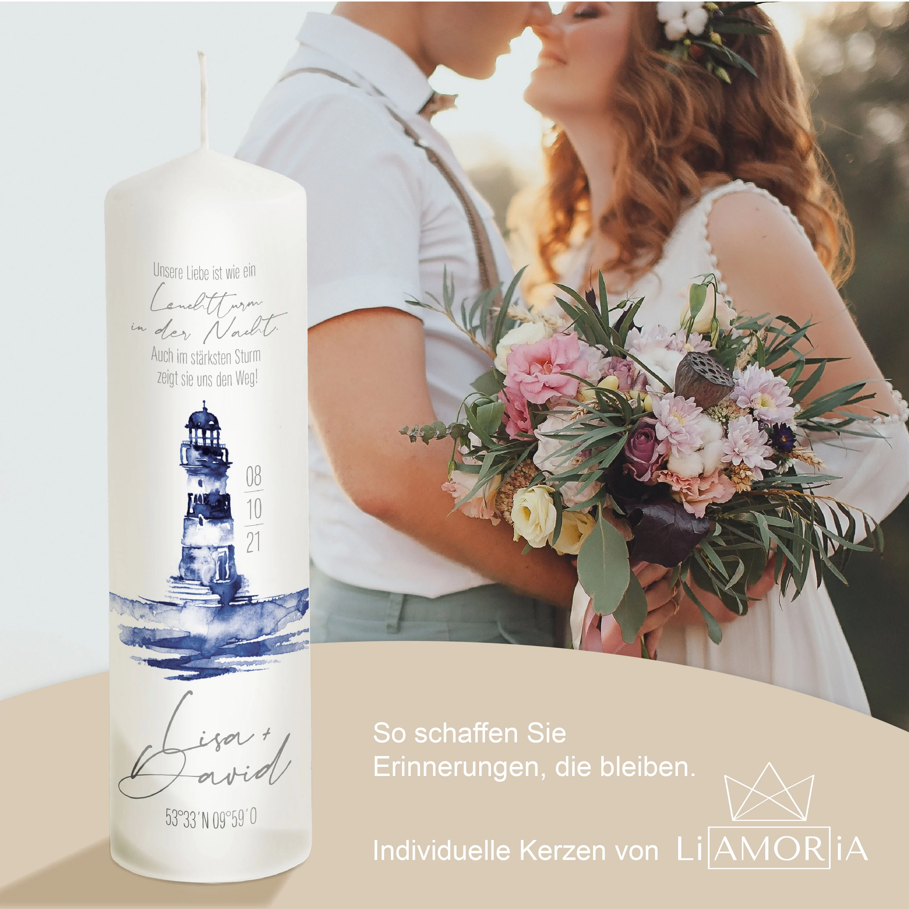 Hochzeitskerze Leuchtturm in blau "Modell David"