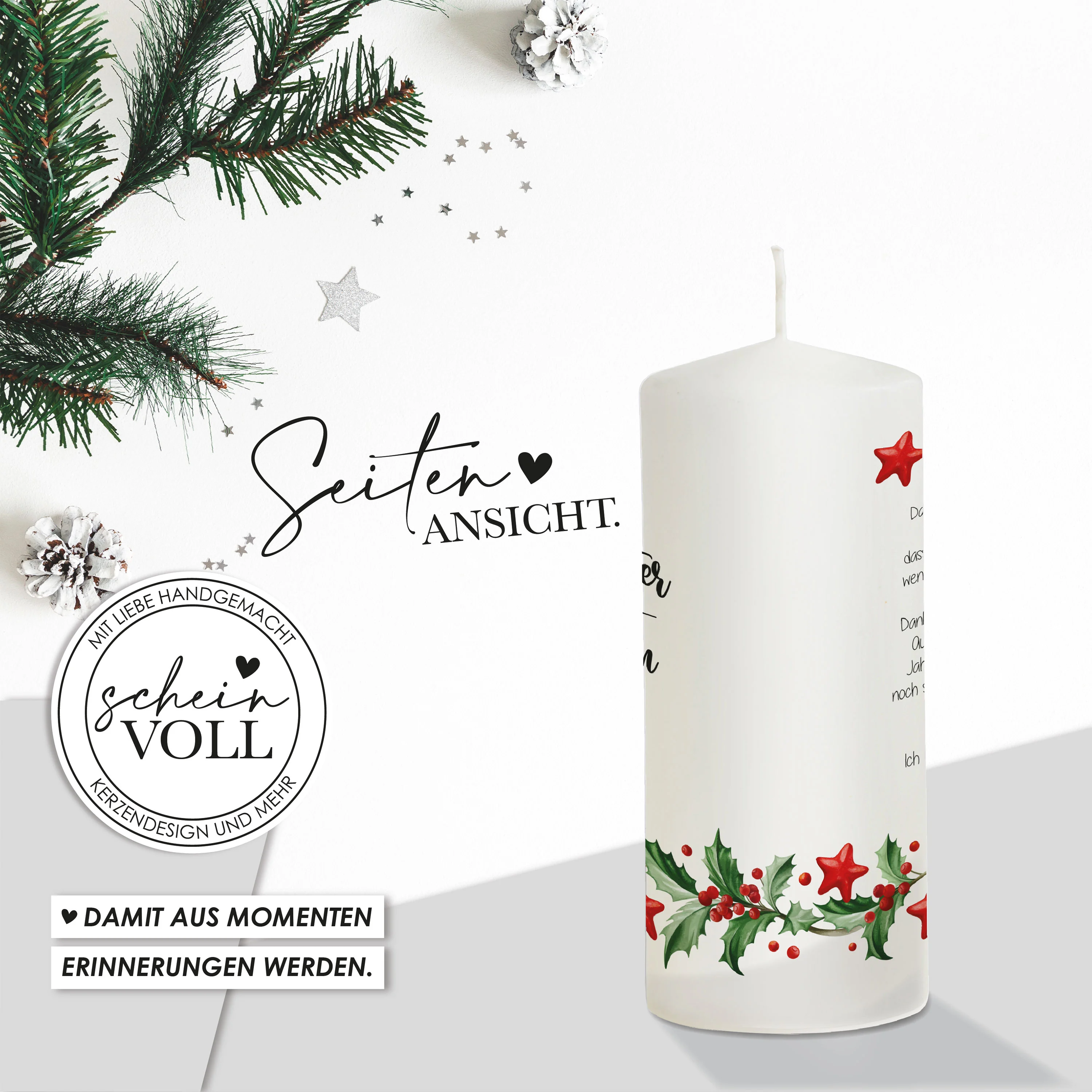 Weihnachtskerze Weihnachtszweig - personalisierbar - "Modell Herzensfreude"