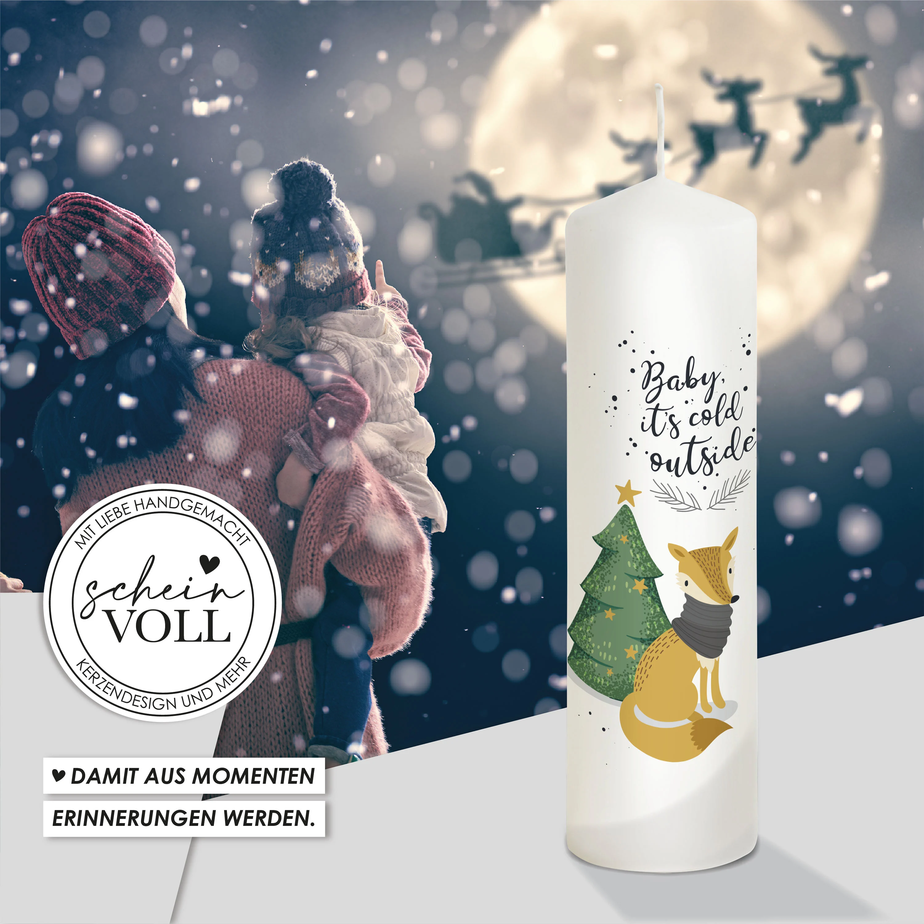 Weihnachtskerze Fuchs - personalisierbar - "Modell Cold outside"