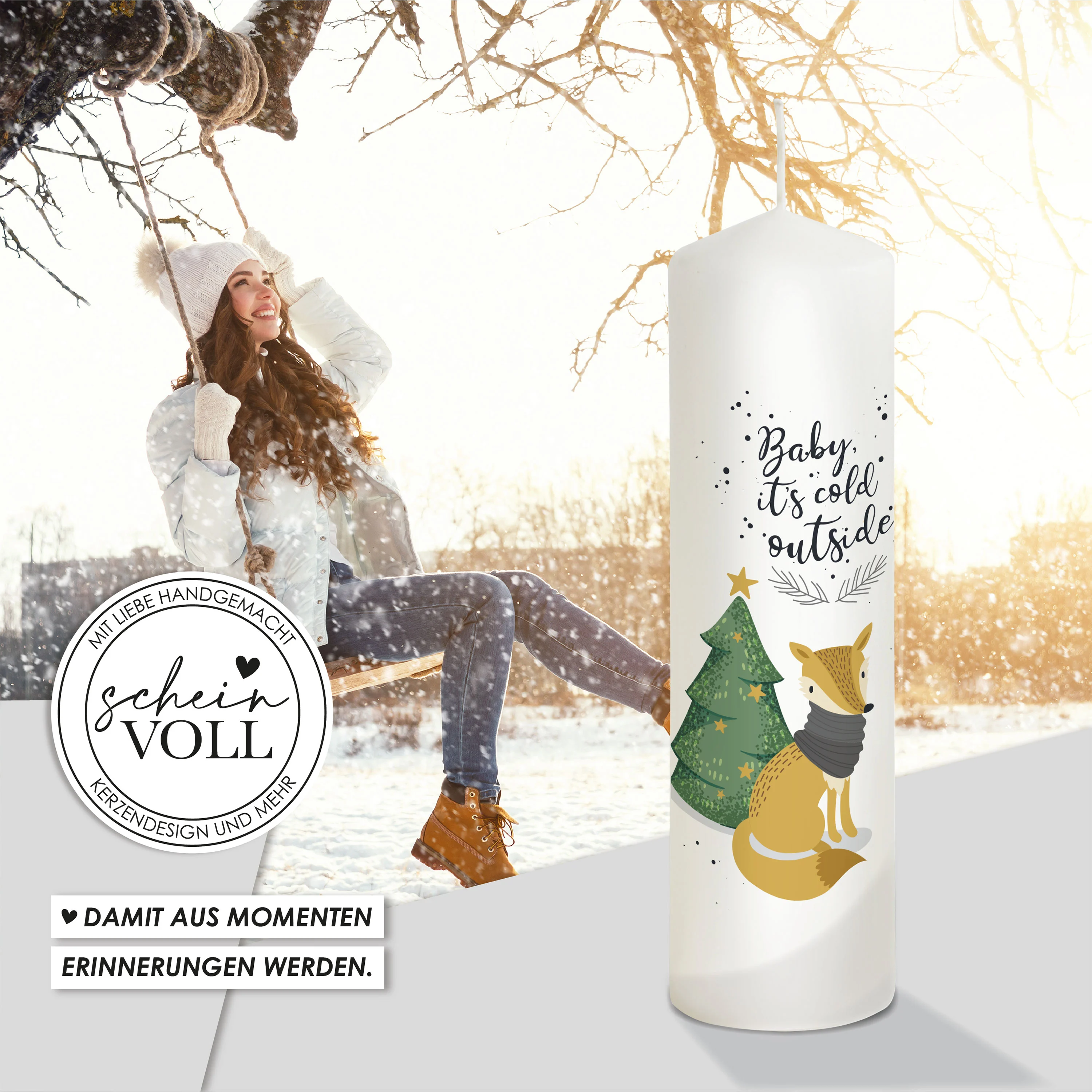 Weihnachtskerze Fuchs - personalisierbar - "Modell Cold outside"