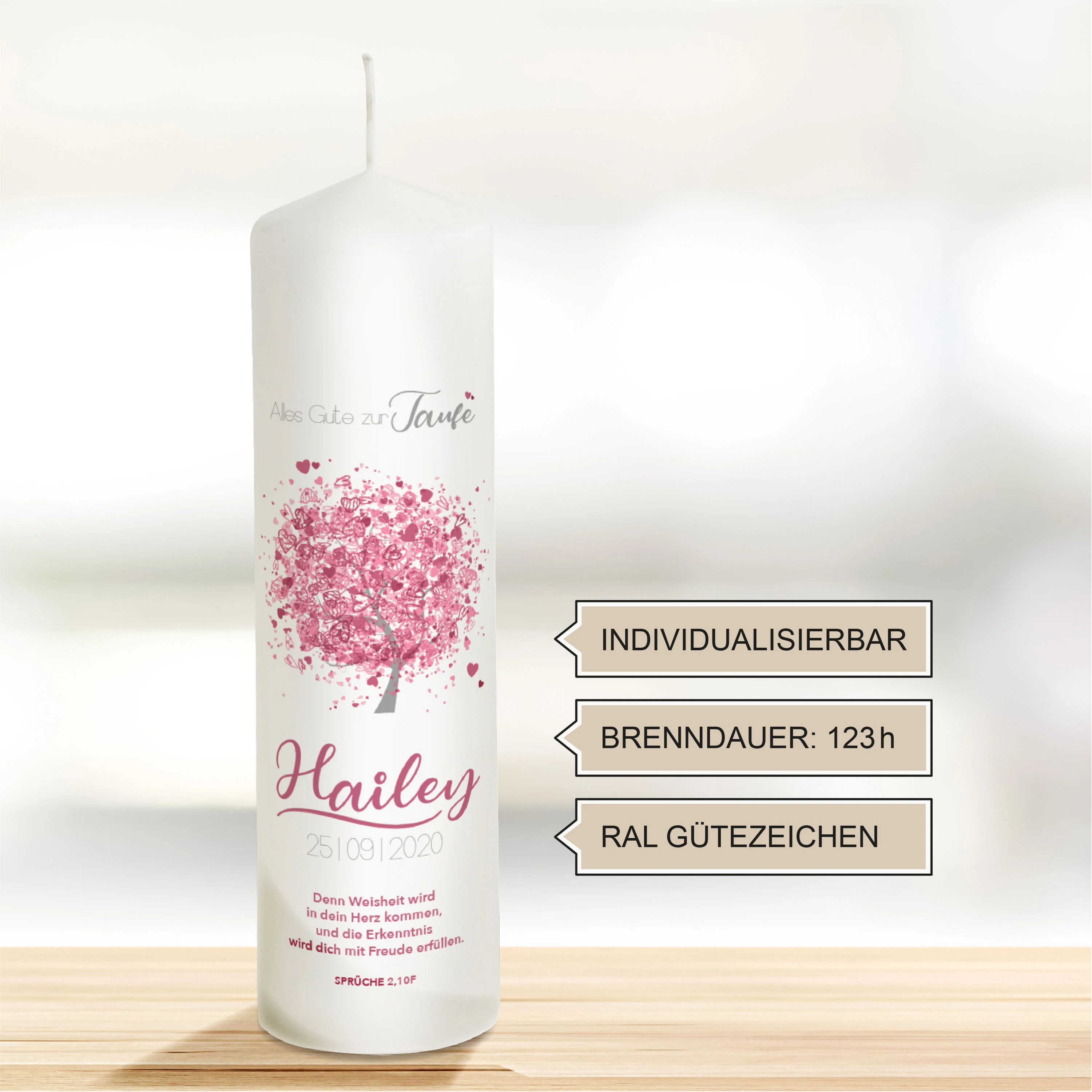 Taufkerze Baum in rosa für Mädchen "Modell Hailey"