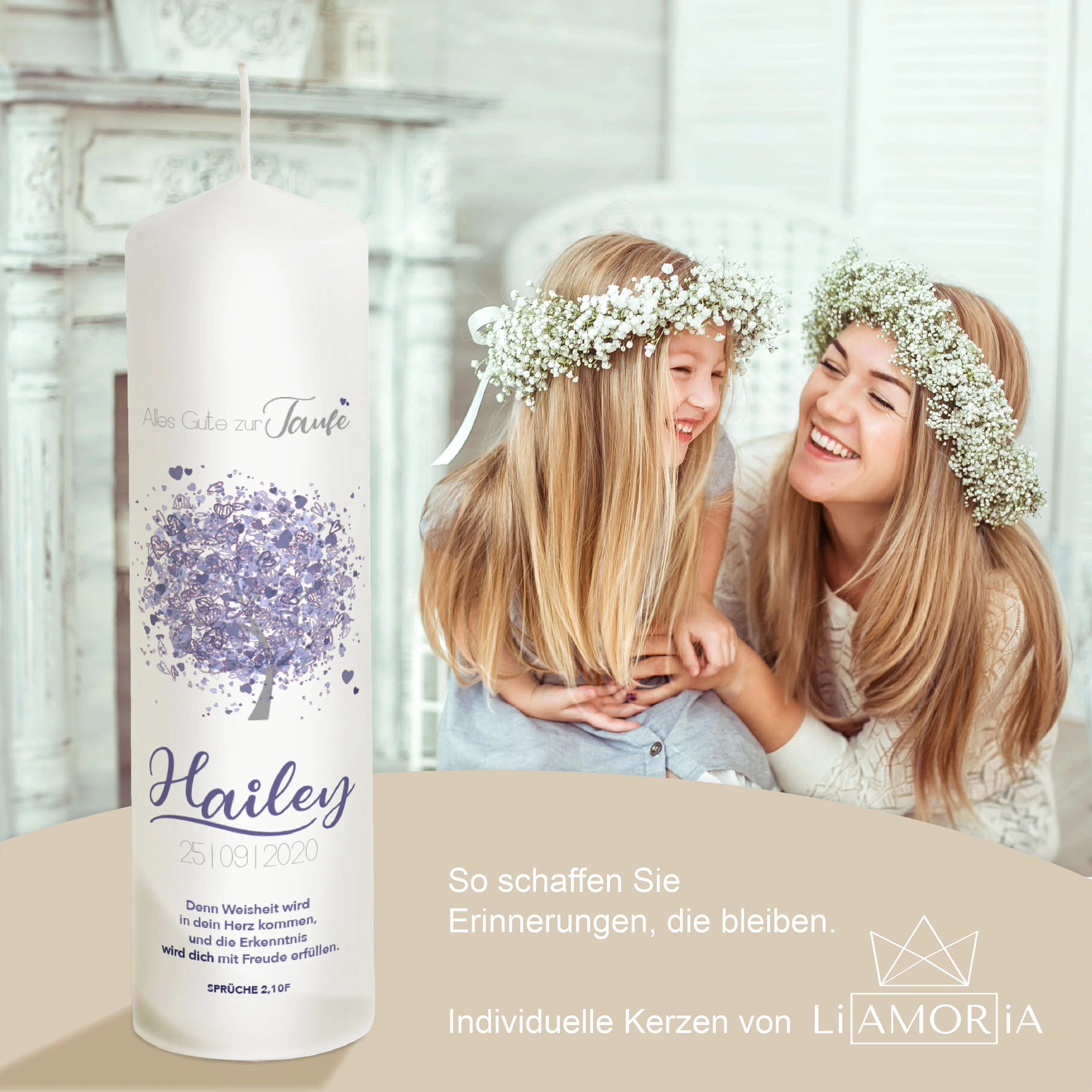 Taufkerze Baum in Lila für Mädchen "Modell Hailey"