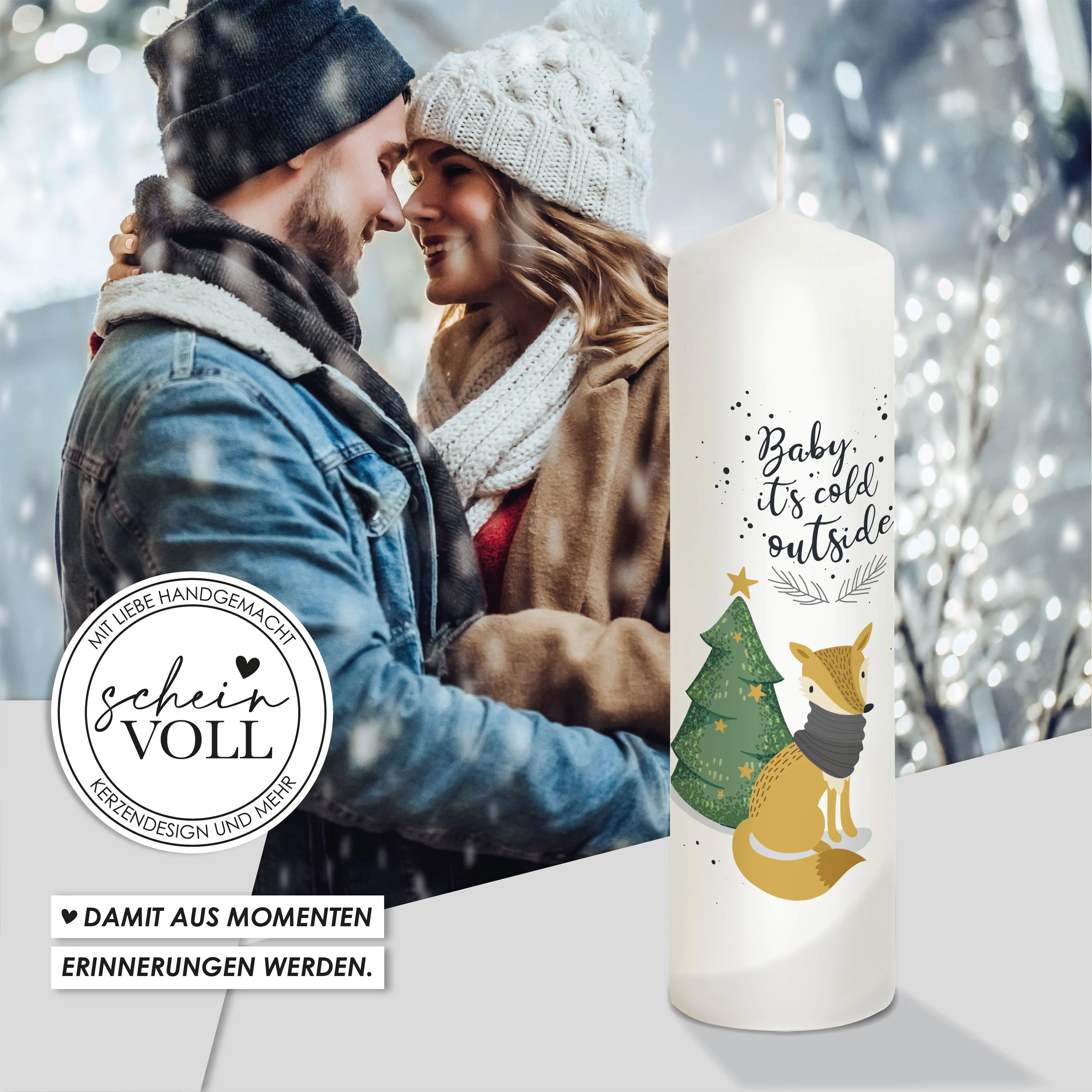 Weihnachtskerze Fuchs - personalisierbar - "Modell Cold outside"